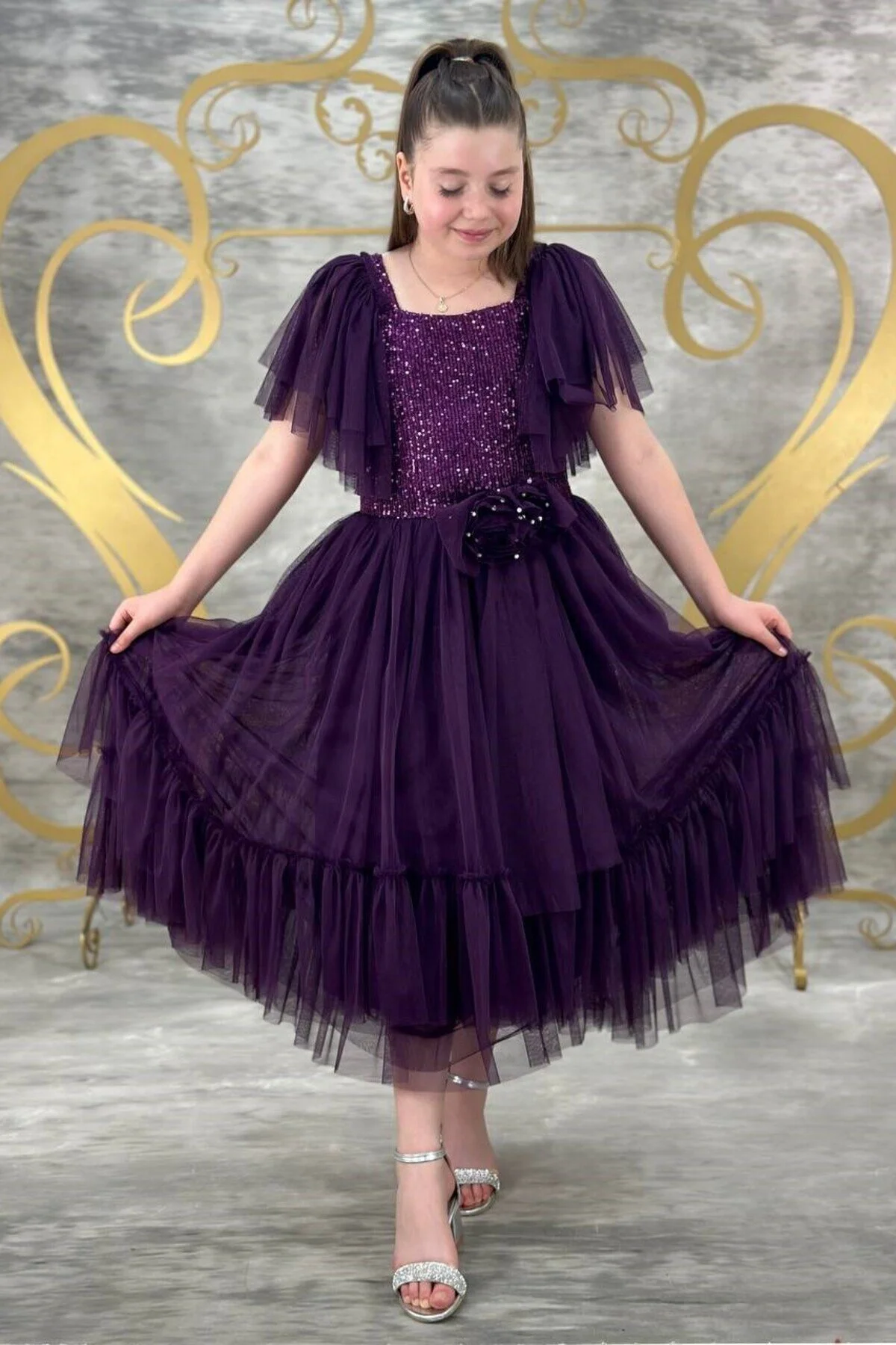 Mürdüm Pulpayetli Tüllü Garsonboy Kız Çocuk Abiye 10/14 Yaş arası