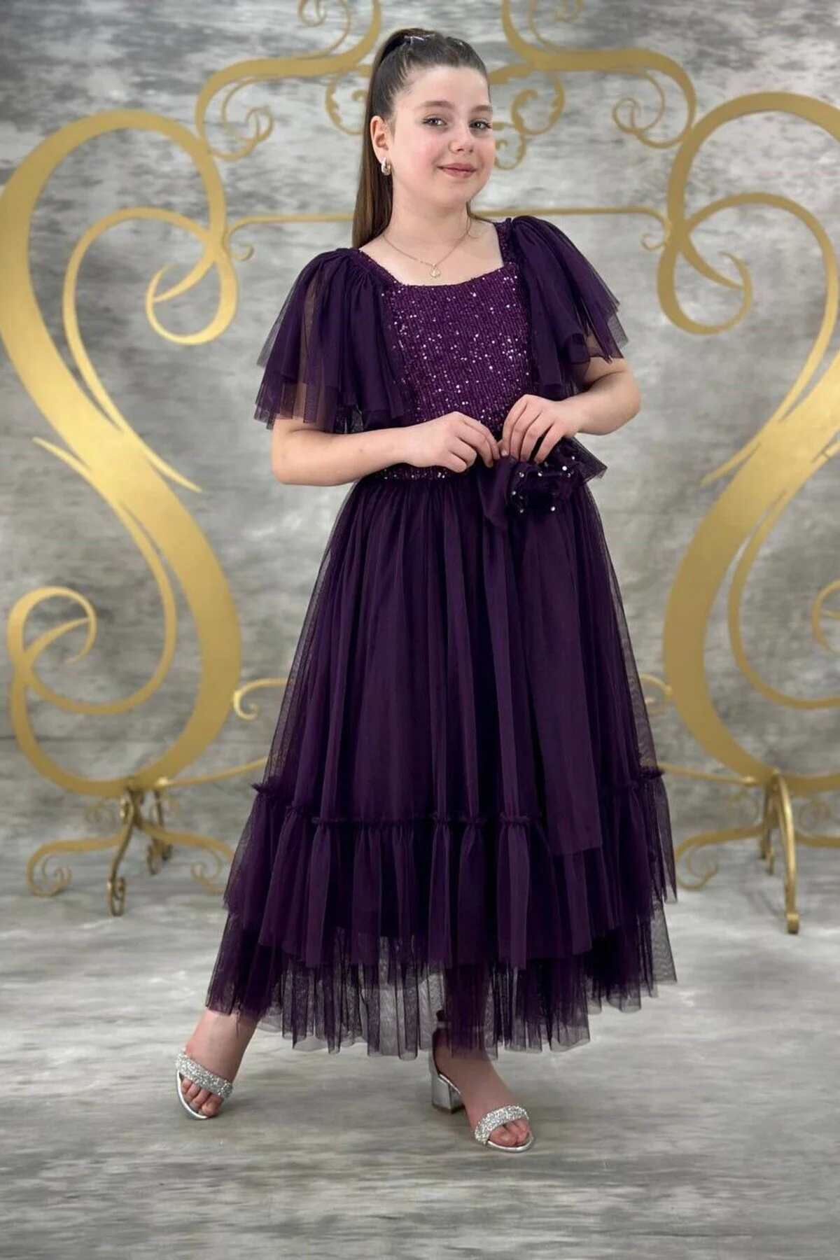 Mürdüm Pulpayetli Tüllü Garsonboy Kız Çocuk Abiye 10/14 Yaş arası