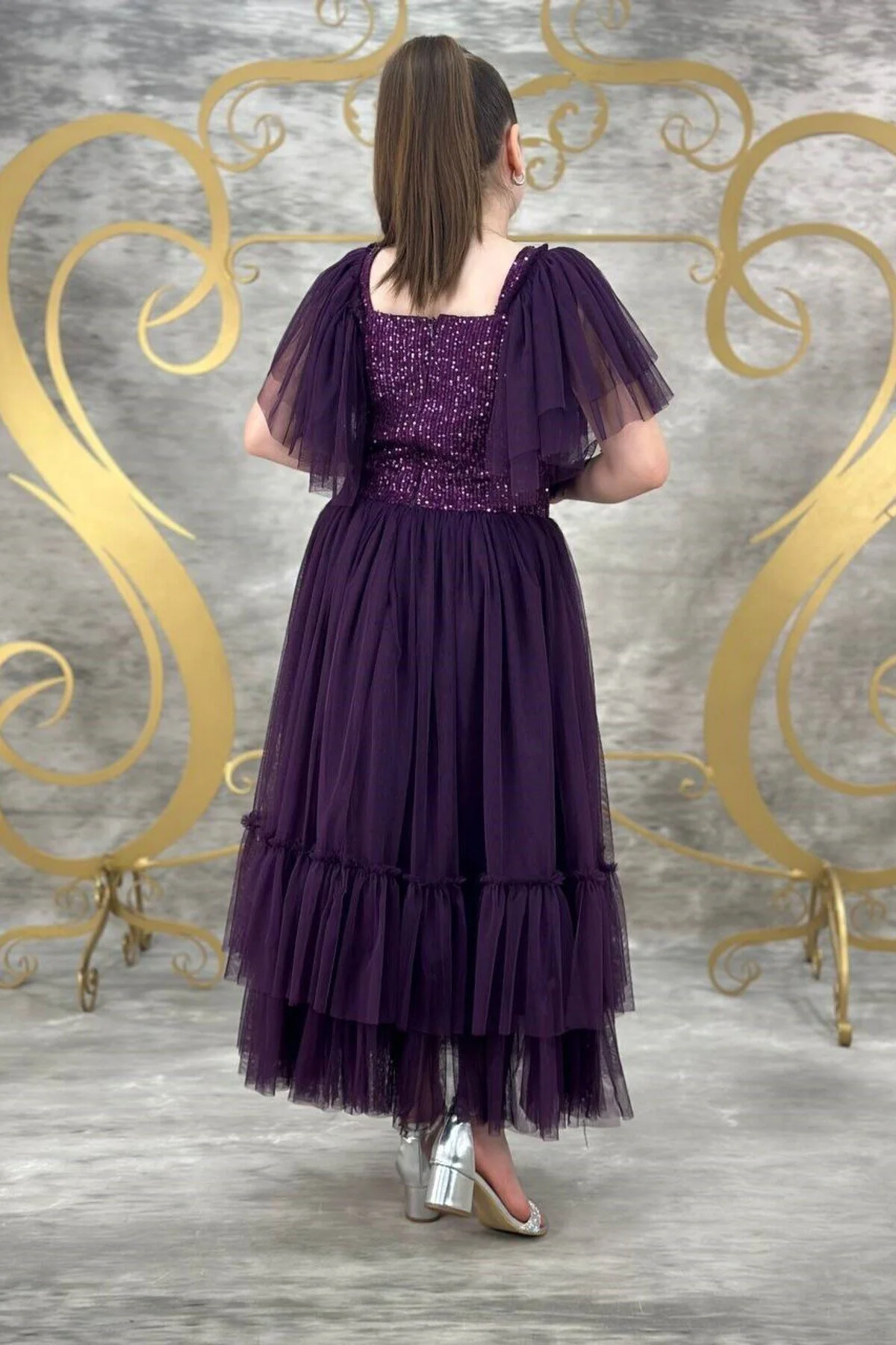 Mürdüm Pulpayetli Tüllü Garsonboy Kız Çocuk Abiye 10/14 Yaş arası