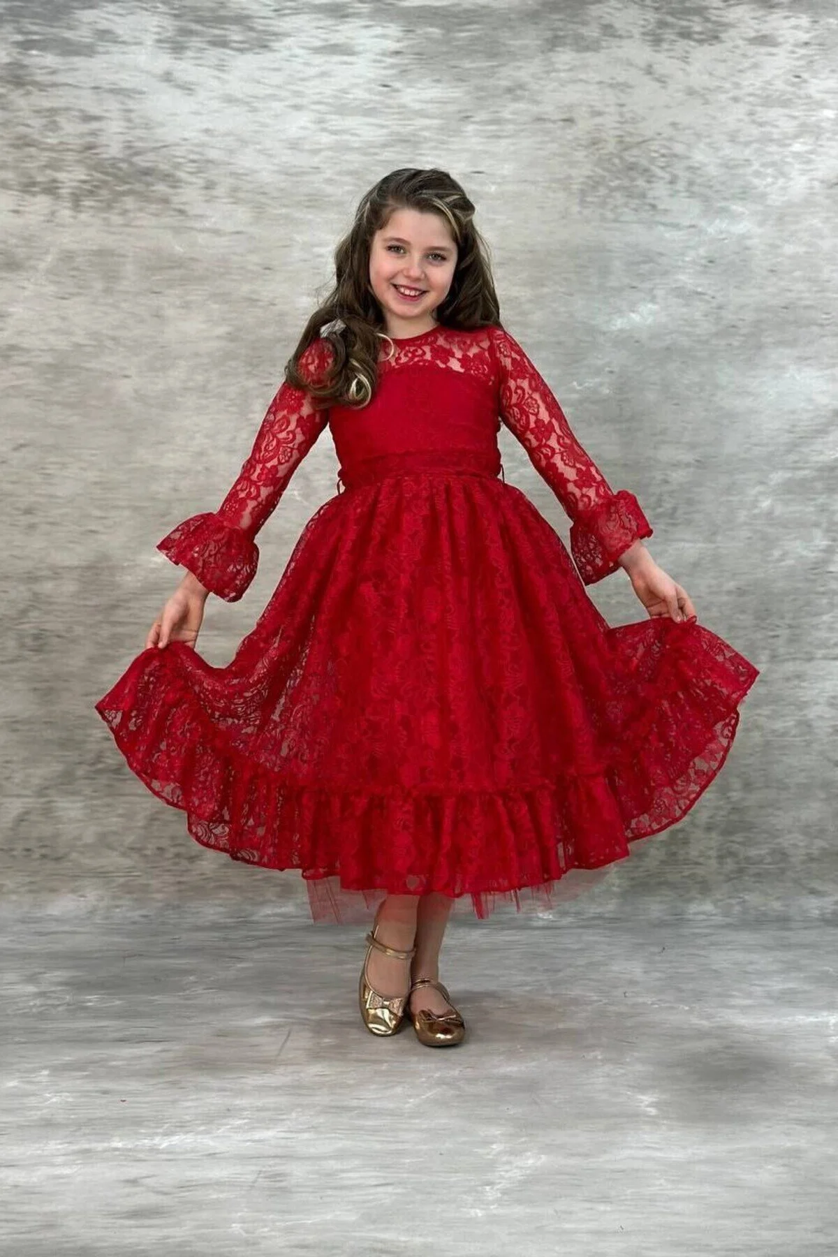 Dantelli Kırmızı Çocuk Abiye