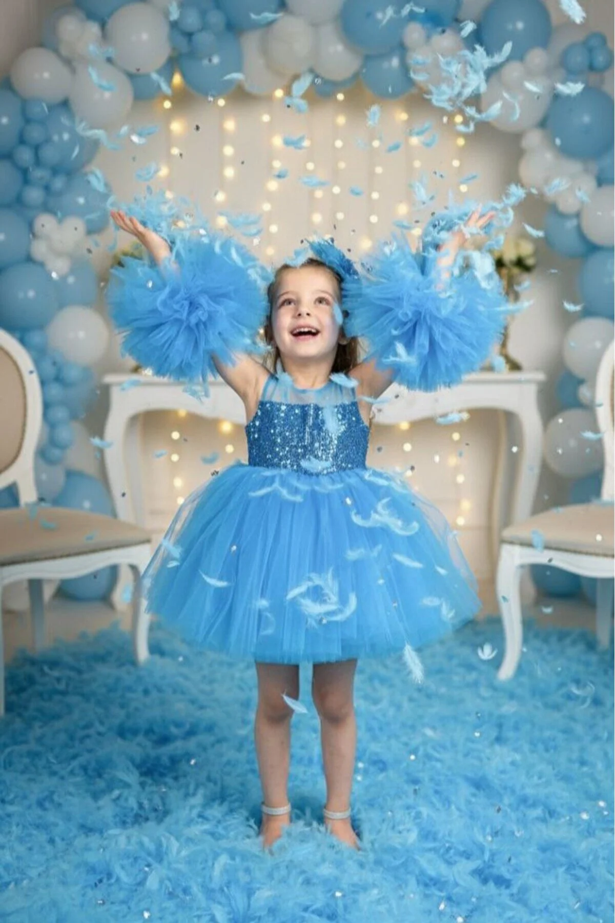 Kol Detaylı Ponponlu Mavi Tokalı Mavi Renk Çocuk