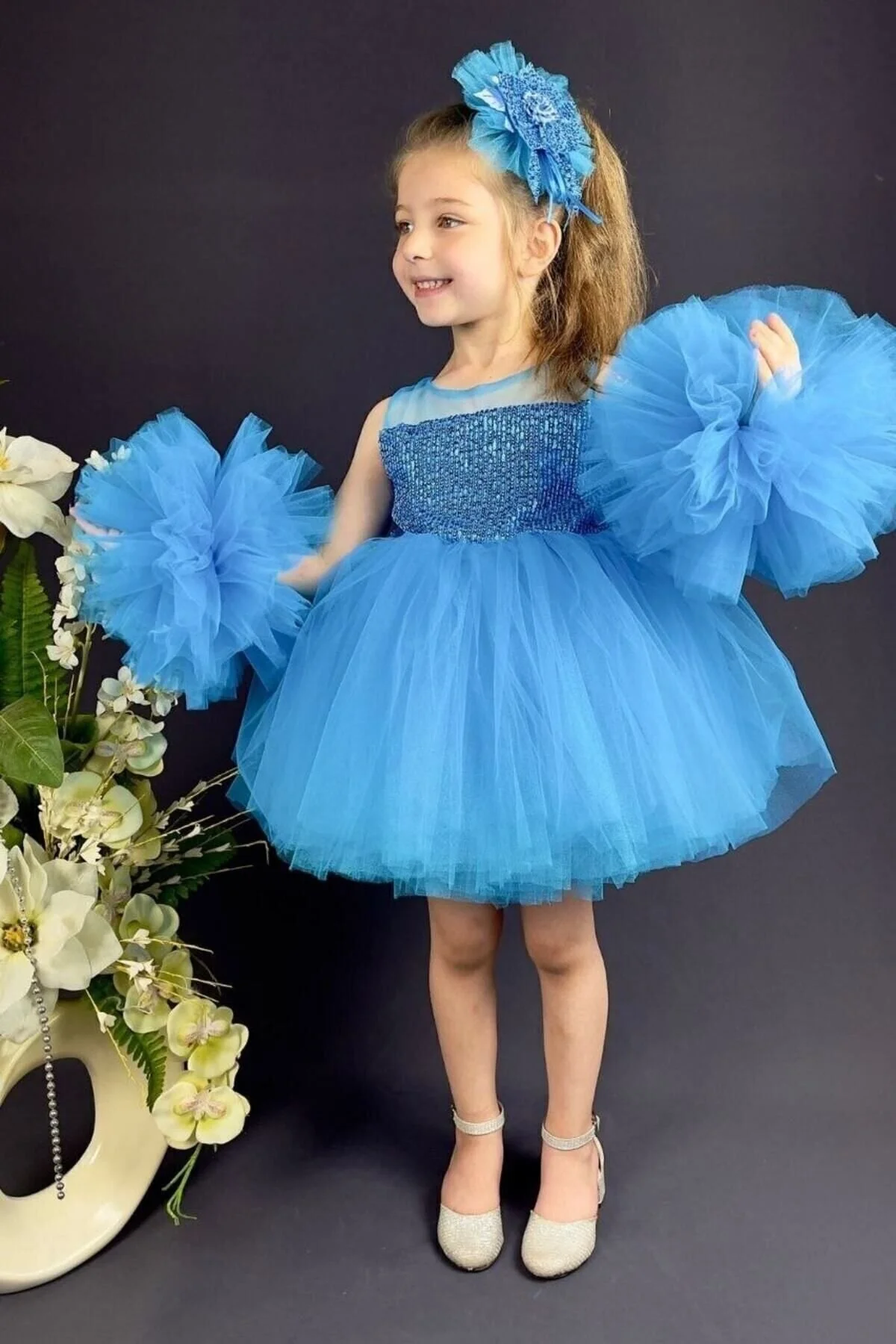 Kol Detaylı Ponponlu Mavi Tokalı Mavi Renk Çocuk