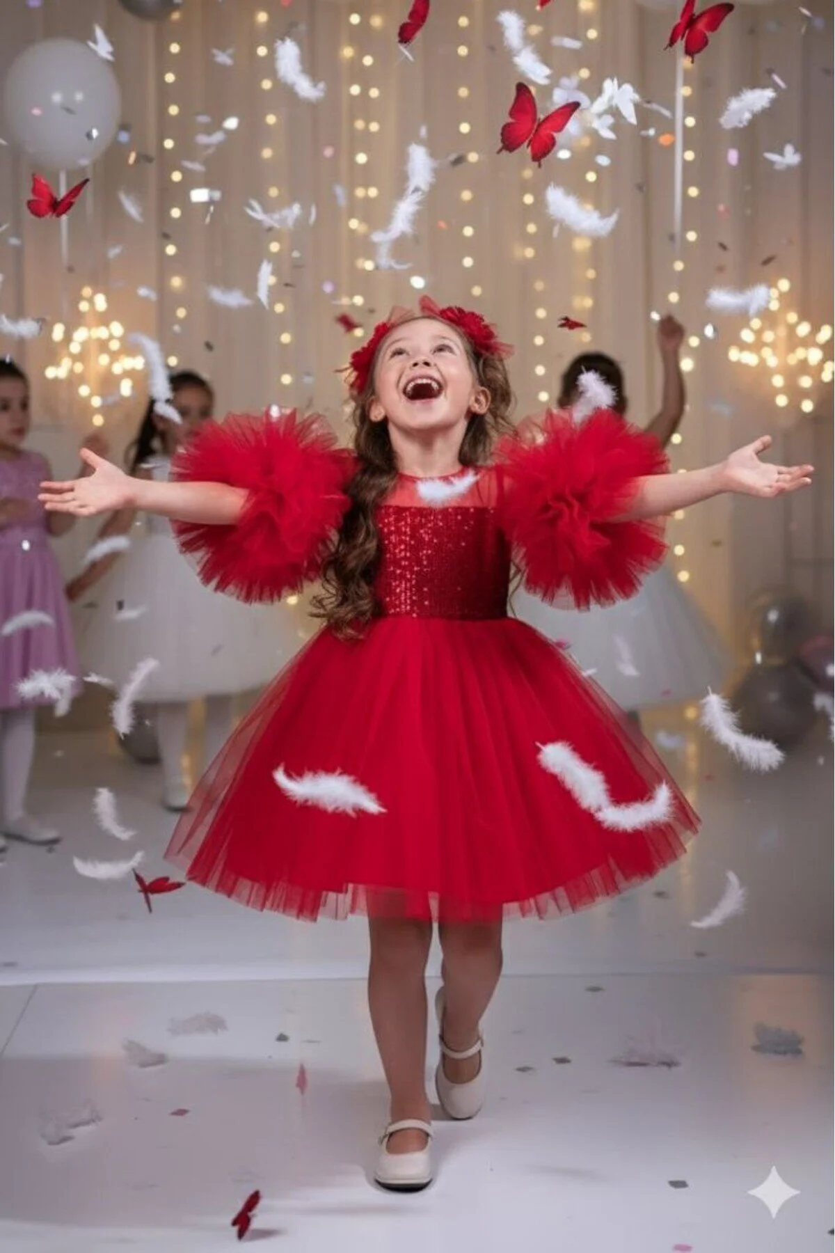 Kol Detaylı Ponponlu Tokalı Kırmızı Renk Çocuk Abiye