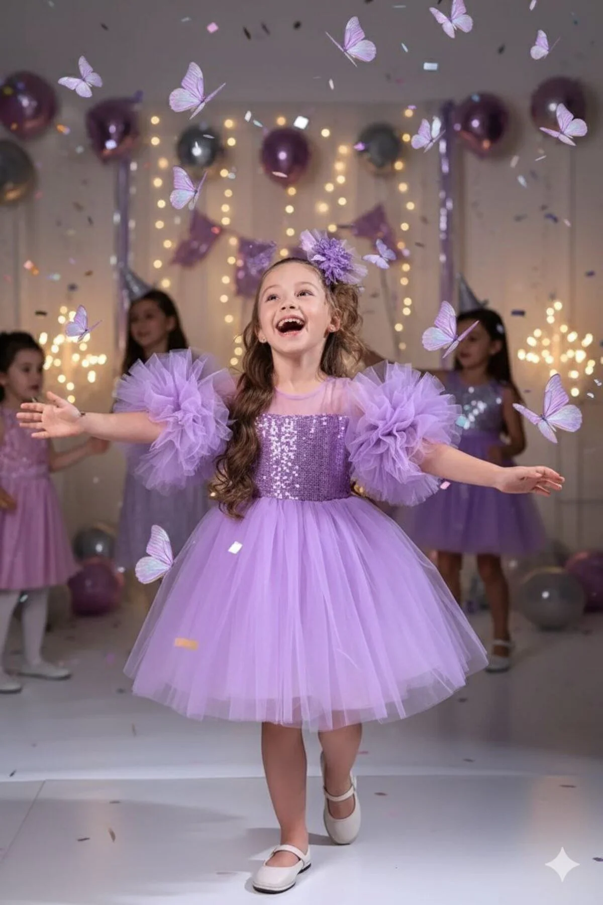 Kol Detaylı Ponponlu Tokalı Lila Renk Çocuk Abiye