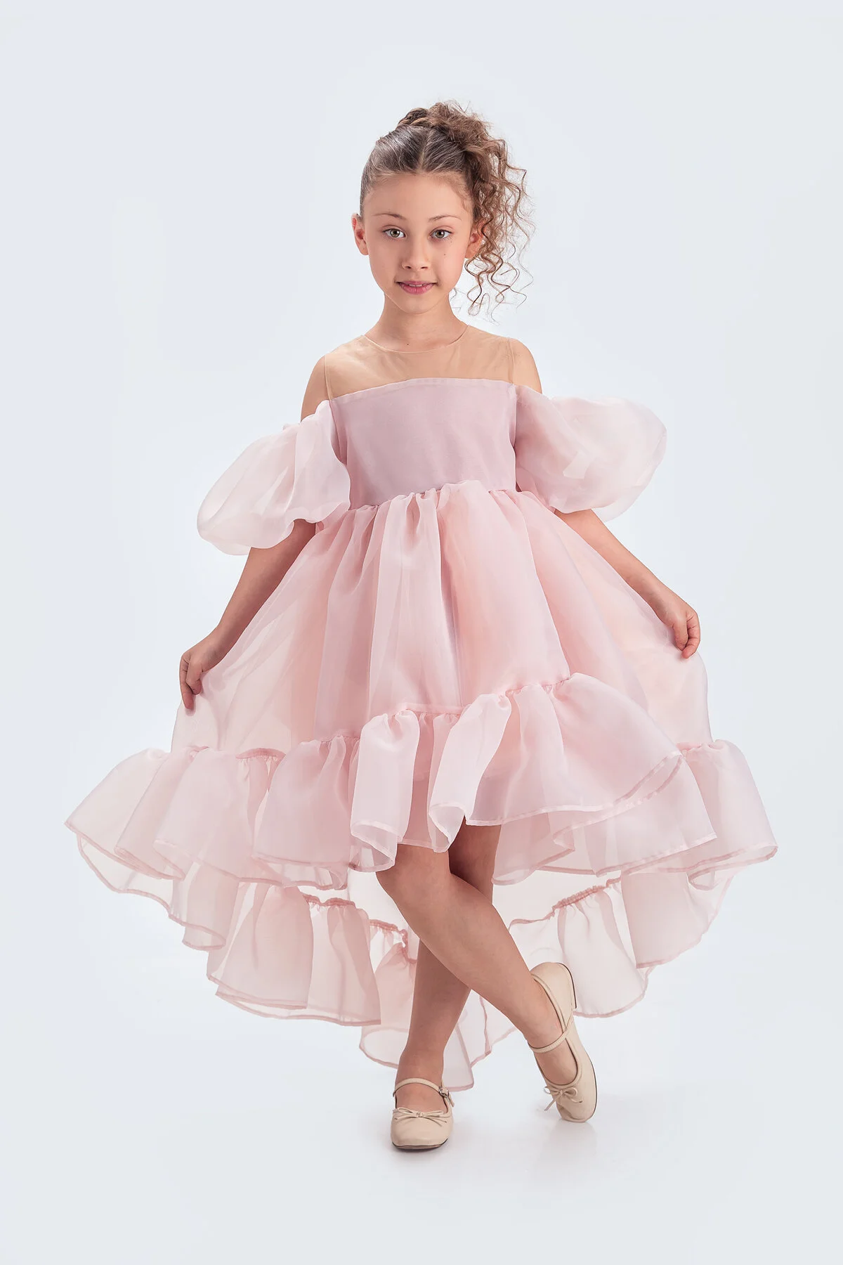 Kloş Madonna Yaka Kabarık Şifon Lüx Pudra Çocuk Abiye