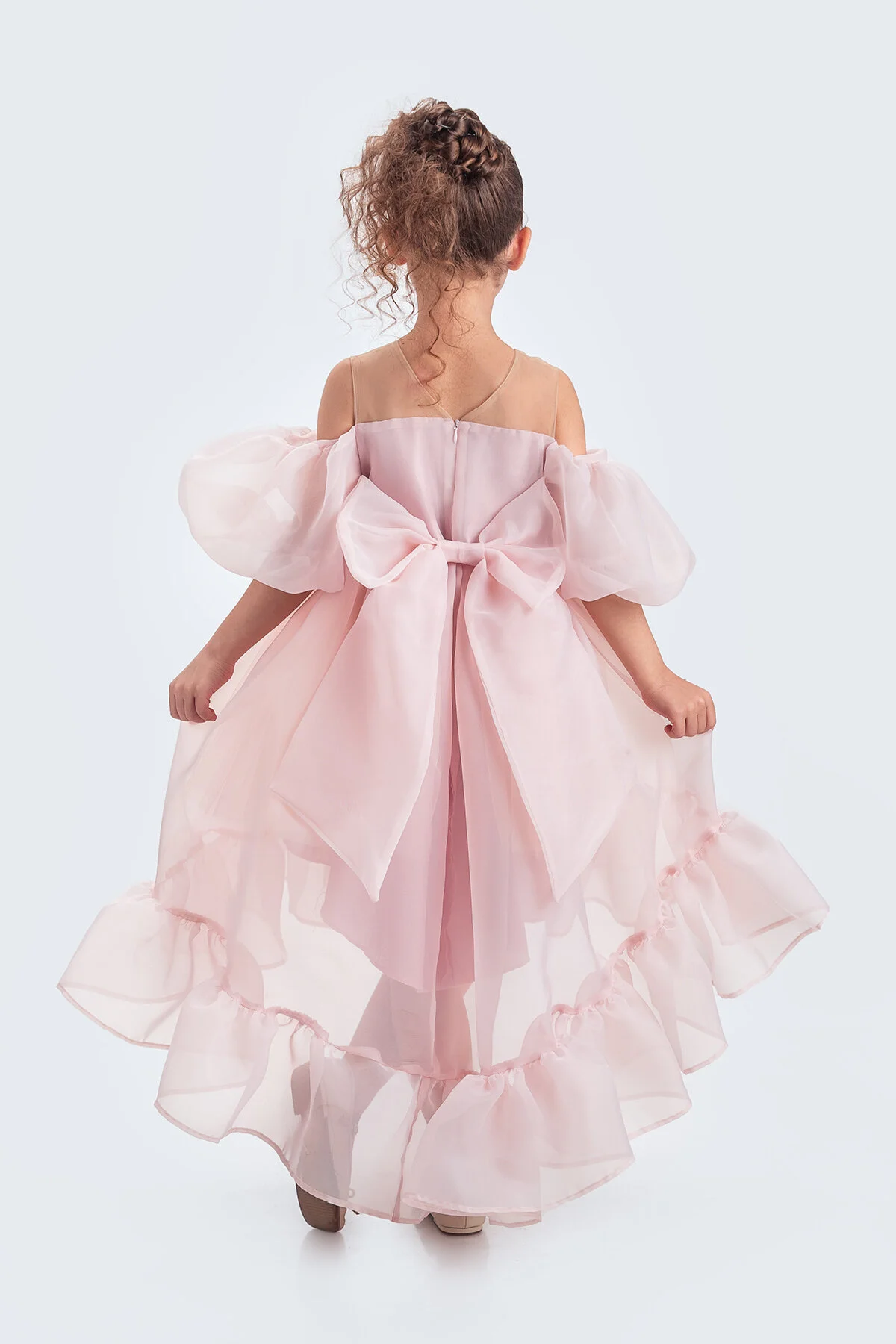 Kloş Madonna Yaka Kabarık Şifon Lüx Pudra Çocuk Abiye