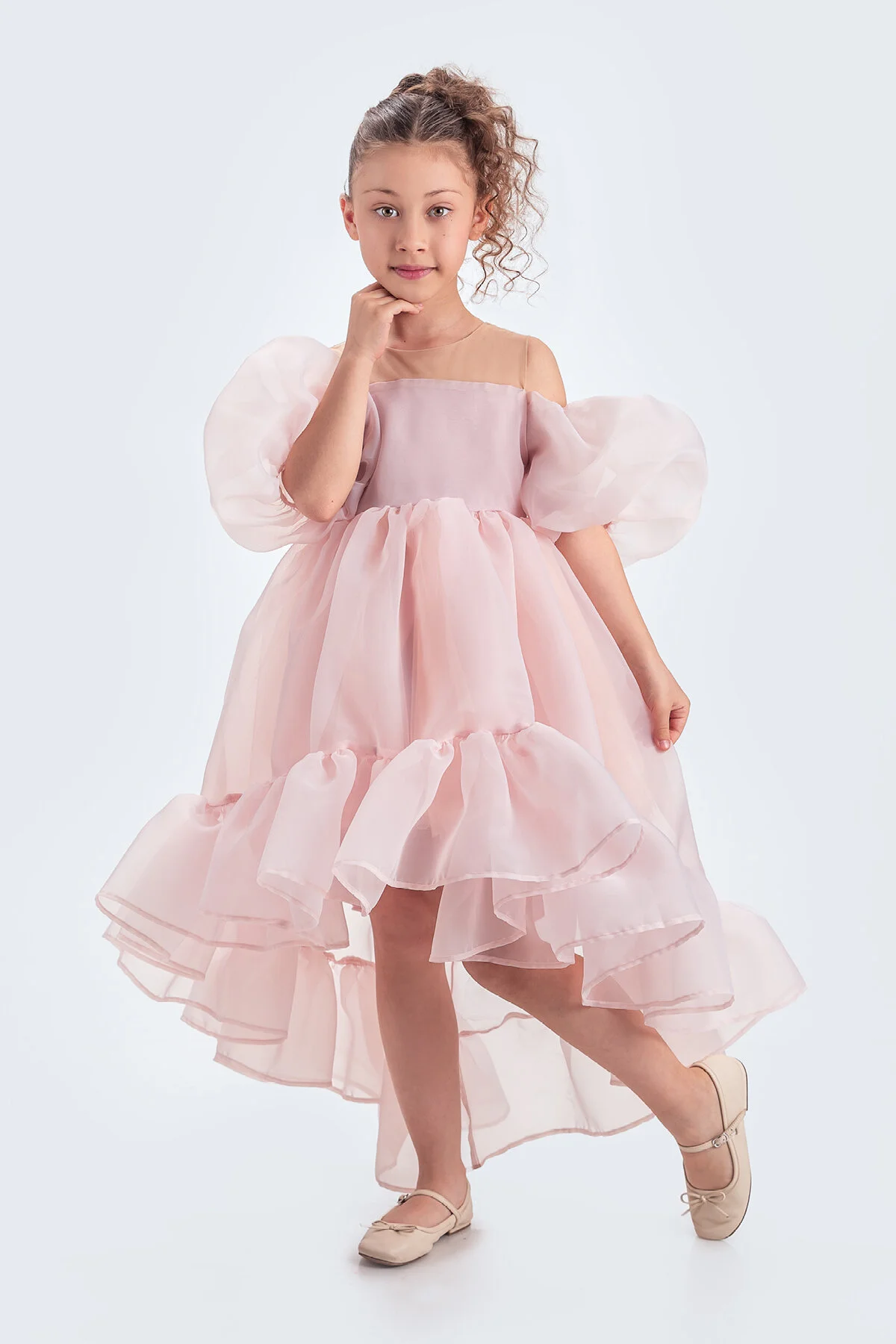 Kloş Madonna Yaka Kabarık Şifon Lüx Pudra Çocuk Abiye