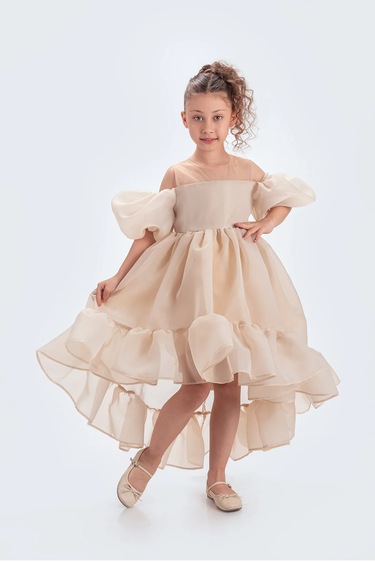 Kloş Madonna Yaka Kabarık Şifon Lüx Bej Çocuk Abiye
