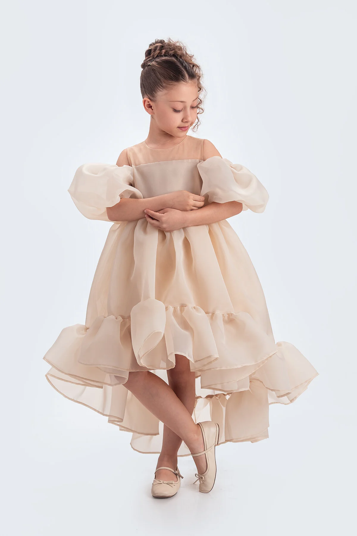 Kloş Madonna Yaka Kabarık Şifon Lüx Bej Çocuk Abiye
