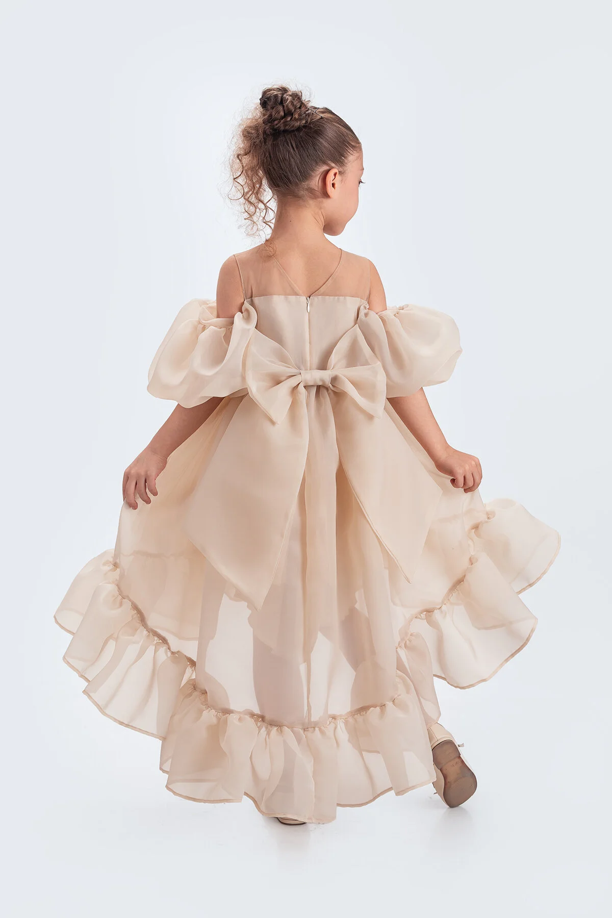 Kloş Madonna Yaka Kabarık Şifon Lüx Bej Çocuk Abiye
