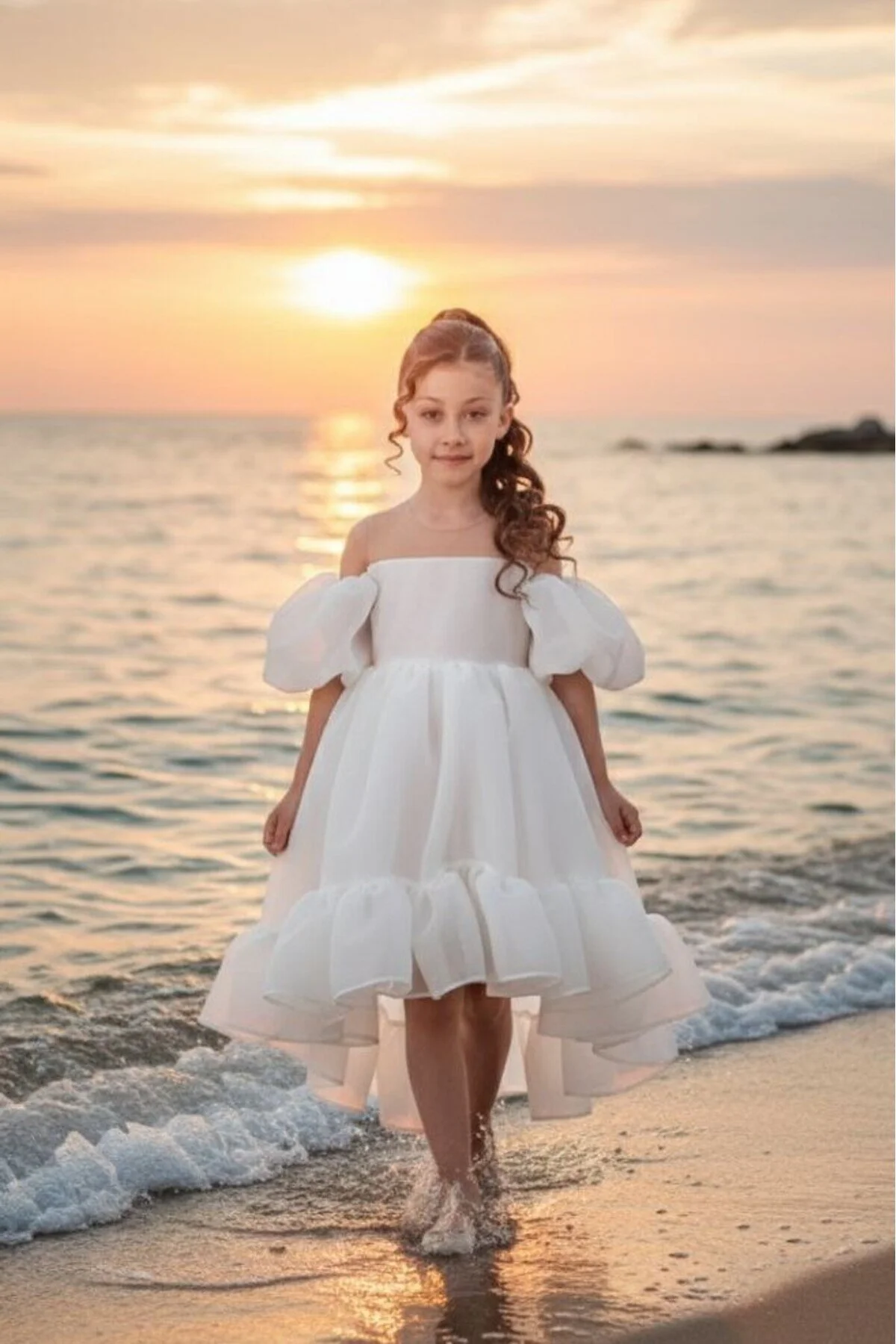 Kloş Madonna Yaka Kabarık Şifon Lüx Beyaz Çocuk Abiye