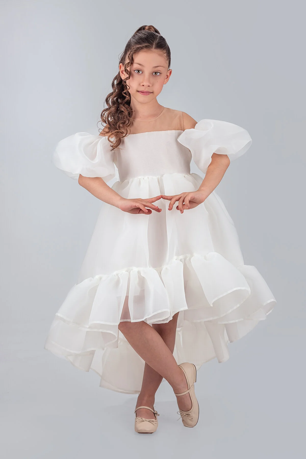 Kloş Madonna Yaka Kabarık Şifon Lüx Beyaz Çocuk Abiye