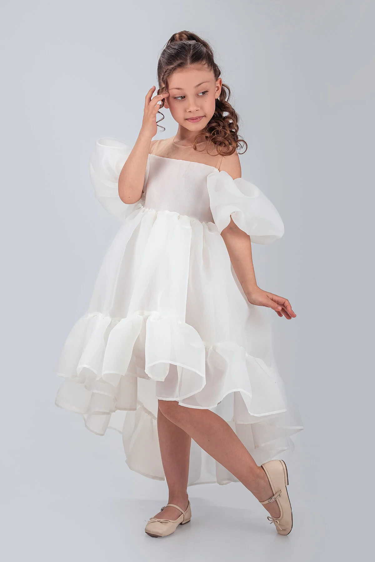 Kloş Madonna Yaka Kabarık Şifon Lüx Beyaz Çocuk Abiye