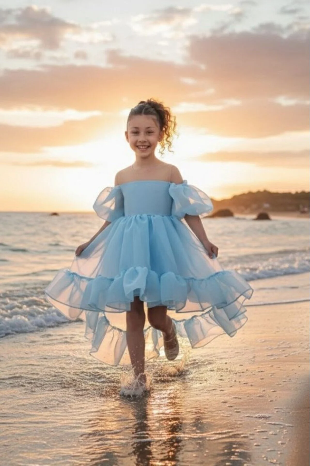 Kloş Madonna Yaka Kabarık Şifon Lüx Mavi Çocuk Abiye