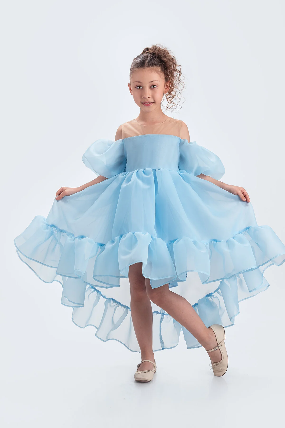 Kloş Madonna Yaka Kabarık Şifon Lüx Mavi Çocuk Abiye