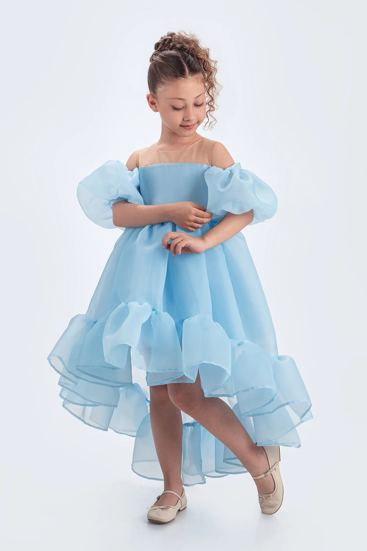 Kloş Madonna Yaka Kabarık Şifon Lüx Mavi Çocuk Abiye