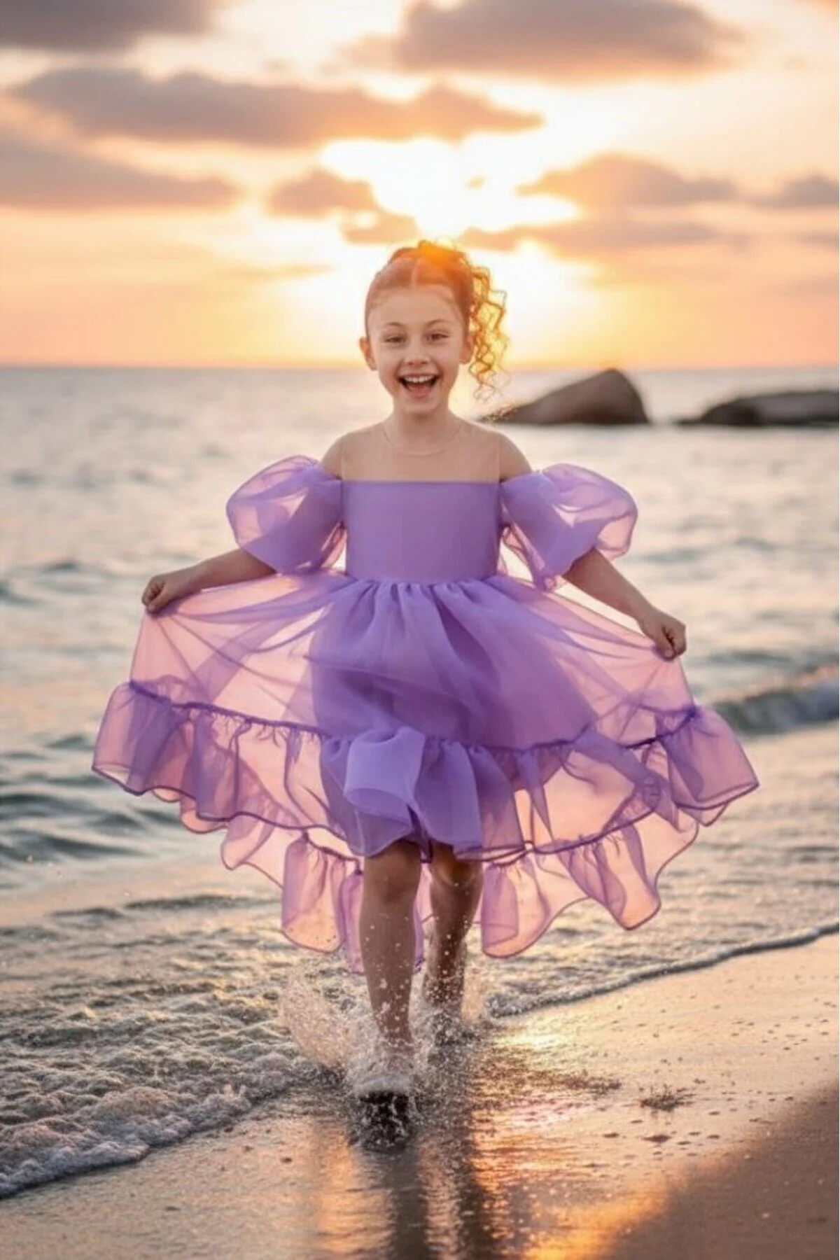 Kloş Madonna Yaka Kabarık Şifon Lüx Lila Çocuk Abiye