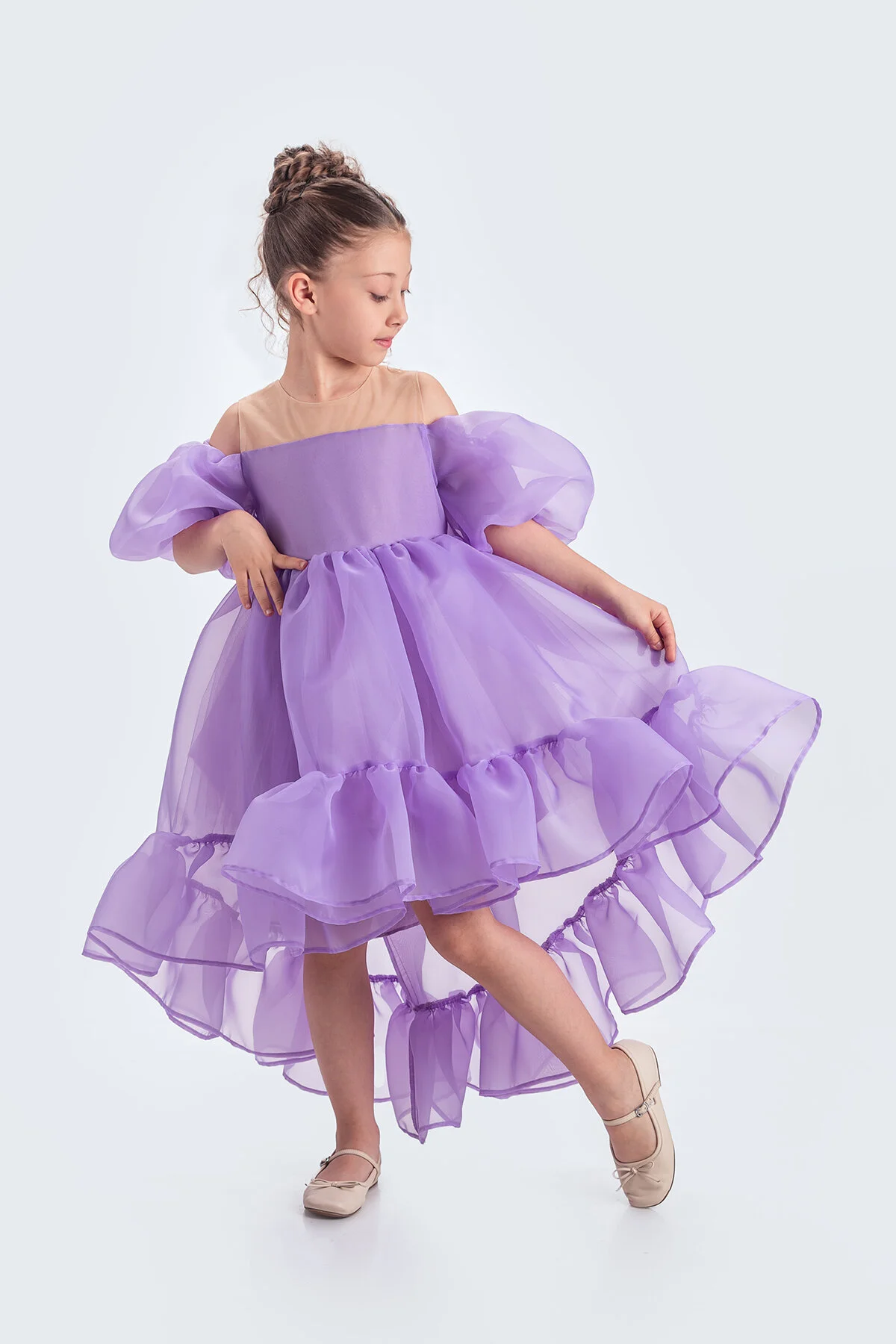 Kloş Madonna Yaka Kabarık Şifon Lüx Lila Çocuk Abiye