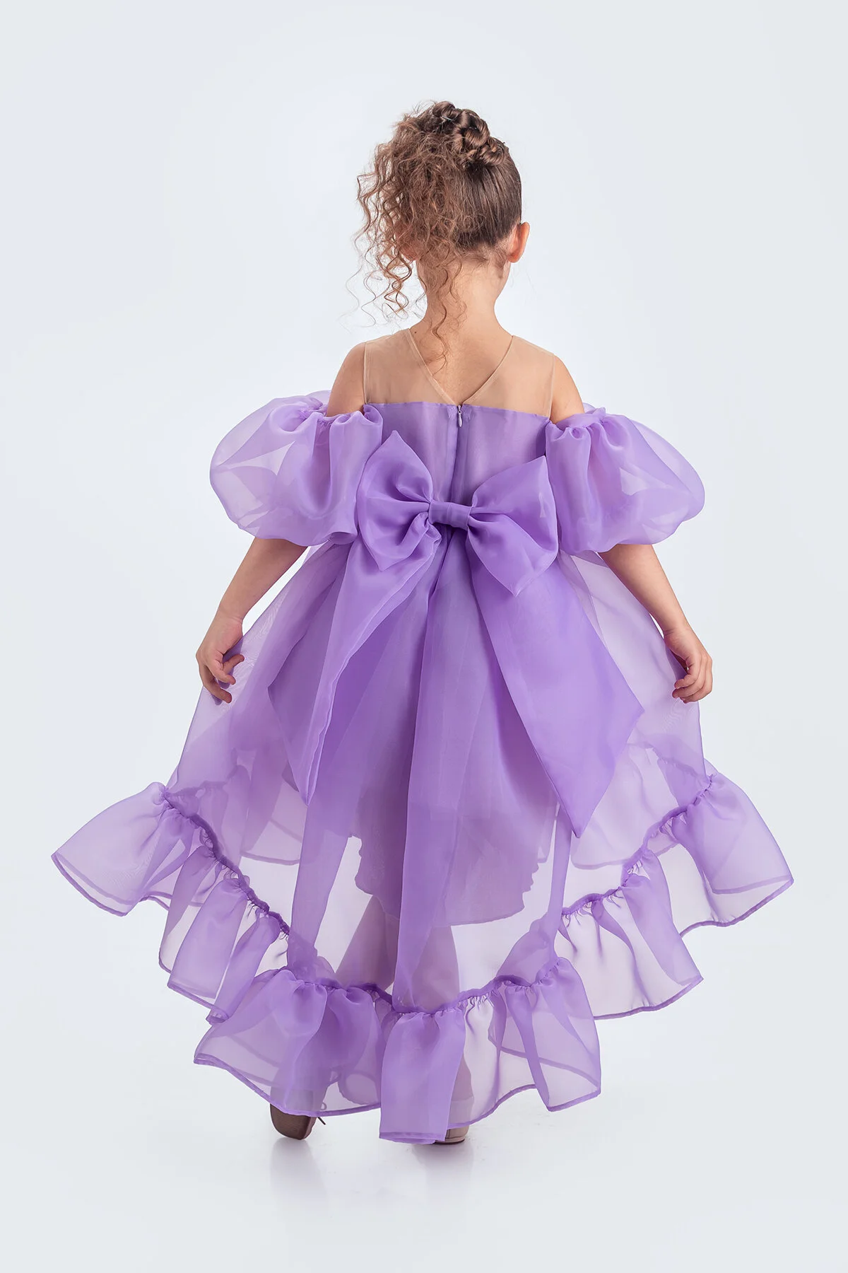 Kloş Madonna Yaka Kabarık Şifon Lüx Lila Çocuk Abiye