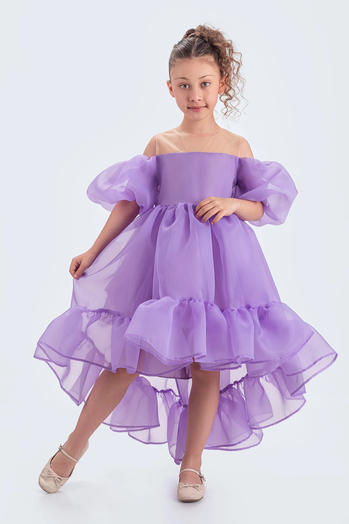Kloş Madonna Yaka Kabarık Şifon Lüx Lila Çocuk Abiye