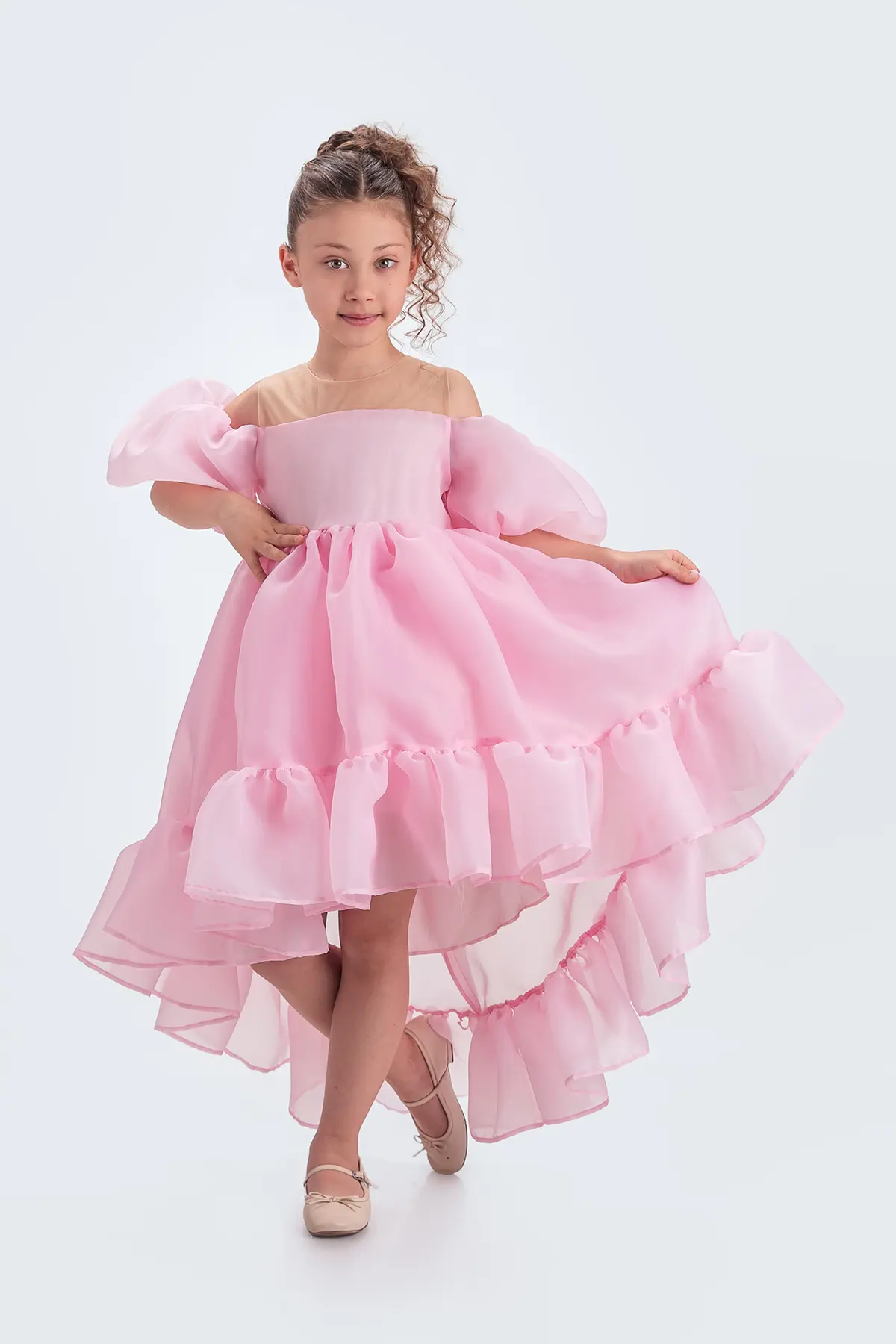 Kloş Madonna Yaka Kabarık Şifon Lüx Beyaz Çocuk Abiye