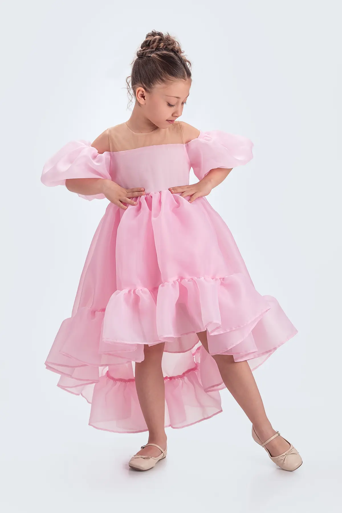 Kloş Madonna Yaka Kabarık Şifon Lüx Beyaz Çocuk Abiye