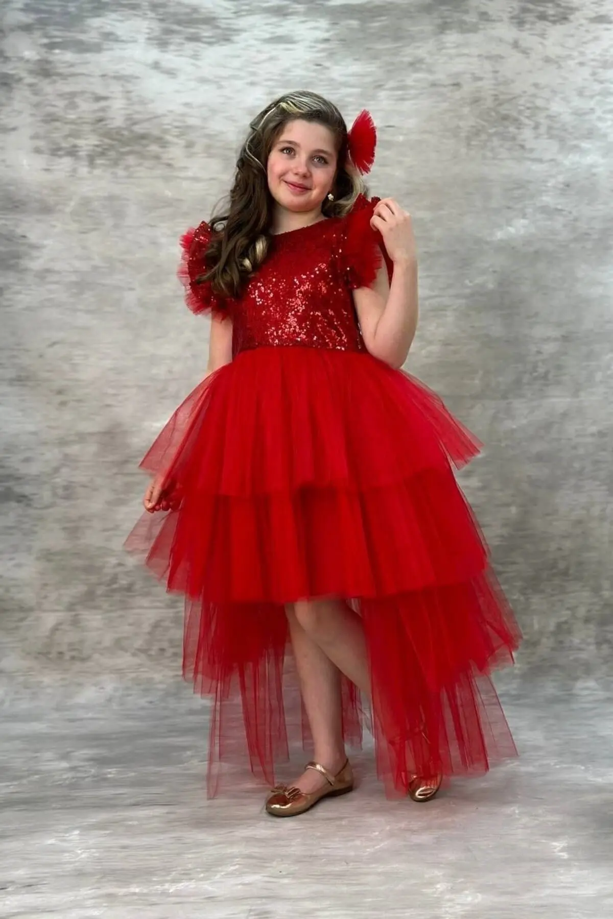 Abiye Kids Pullu Katkat Kuyruklu Tarz Kırmızı Çocuk Abiye