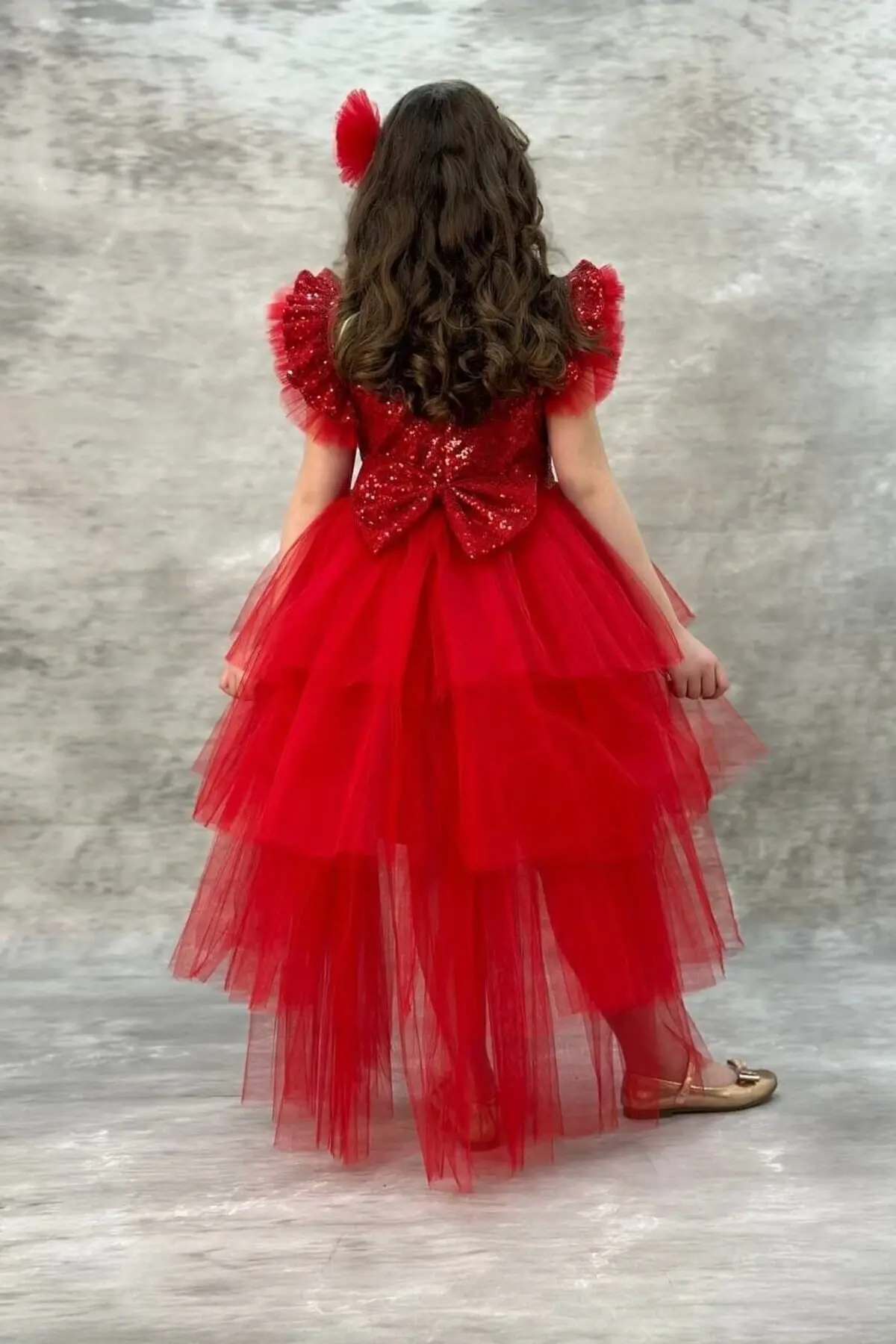 Abiye Kids Pullu Katkat Kuyruklu Tarz Kırmızı Çocuk Abiye