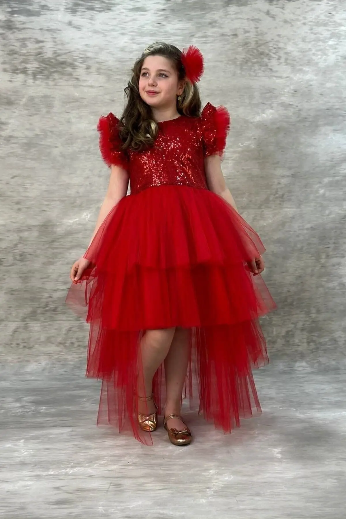 Abiye Kids Pullu Katkat Kuyruklu Tarz Kırmızı Çocuk Abiye