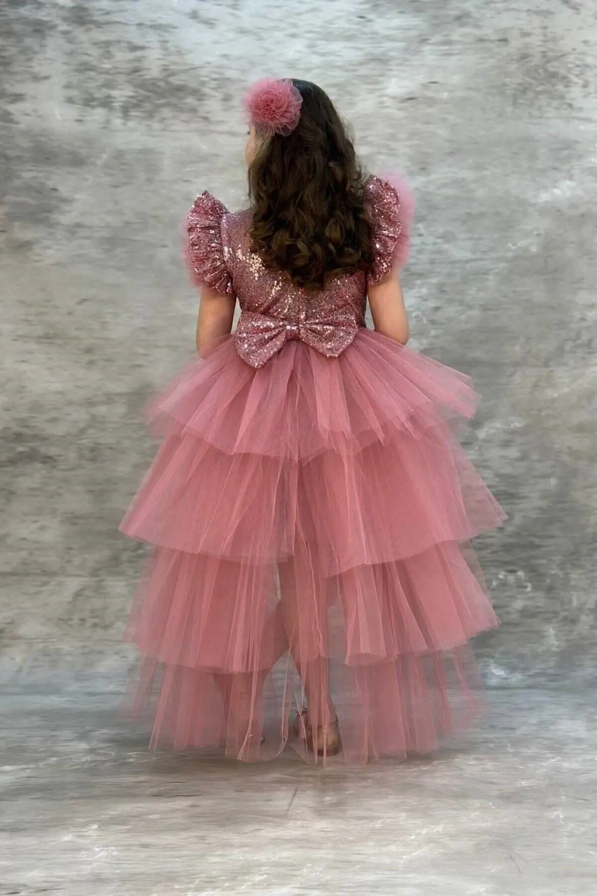 Pullu Katkat Kuyruklu Gülkurusu Rengi Tarz Çocuk Abiye