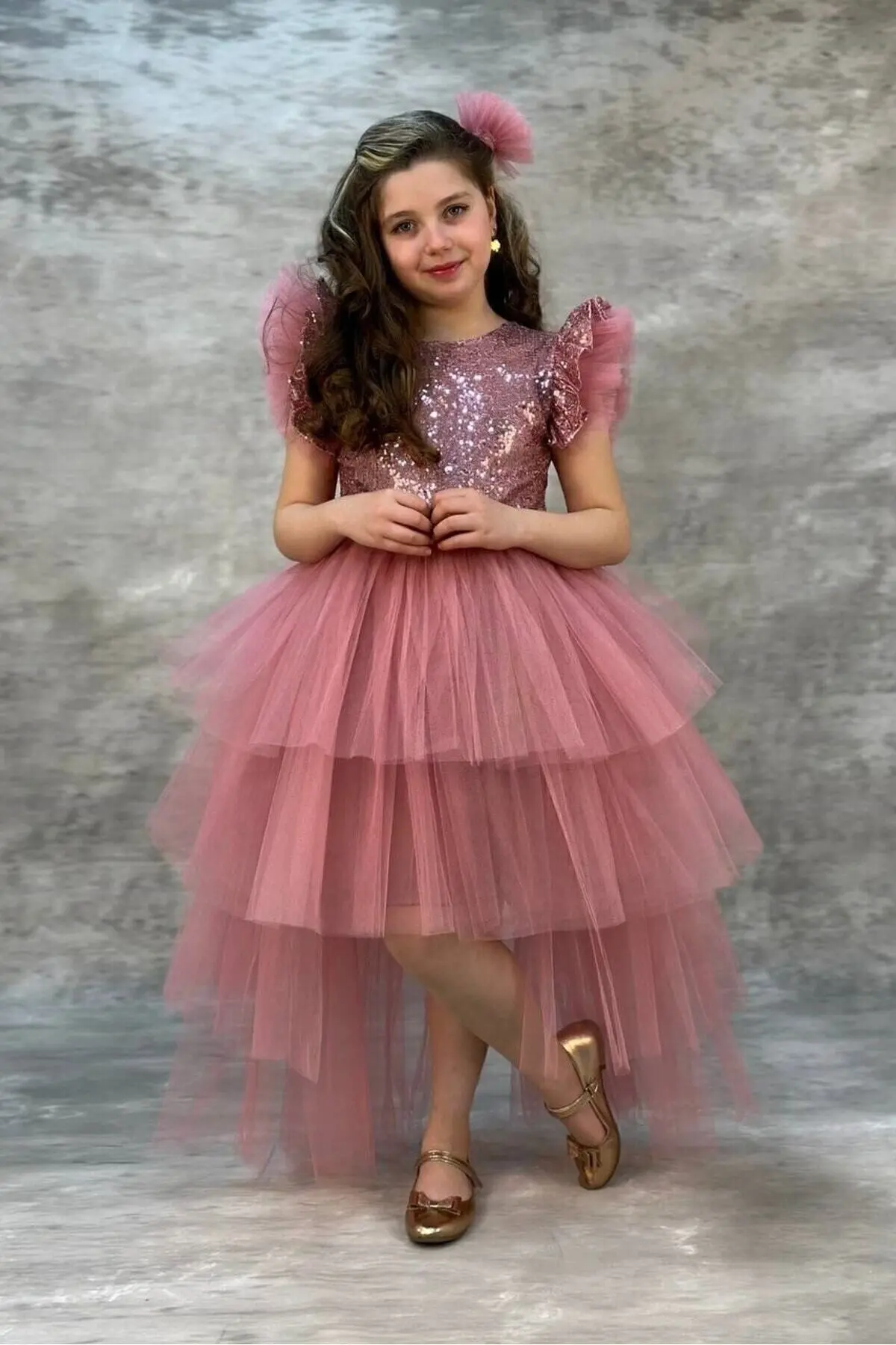 Pullu Katkat Kuyruklu Gülkurusu Rengi Tarz Çocuk Abiye