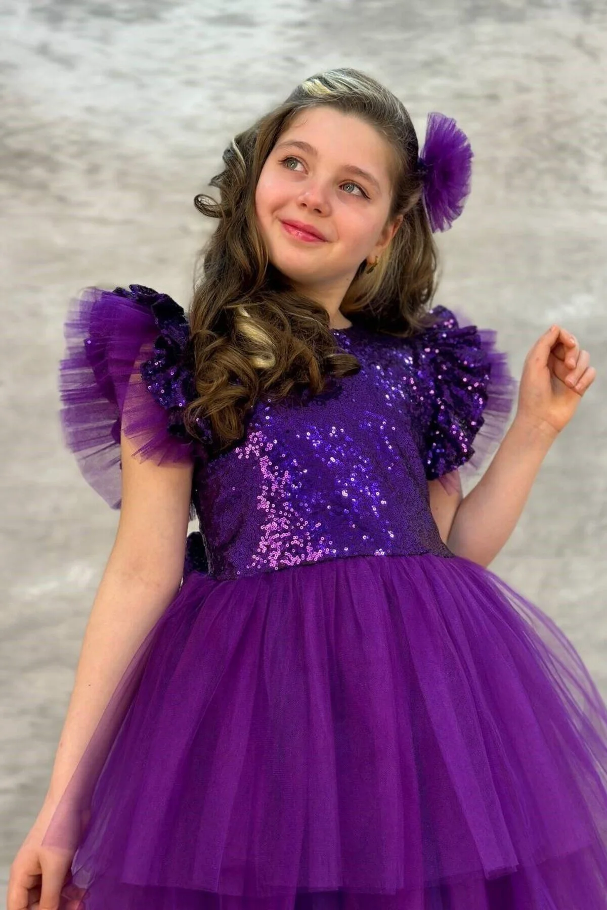 Pullu Katkat Kuyruklu Mor Renk Tarz Çocuk Abiye