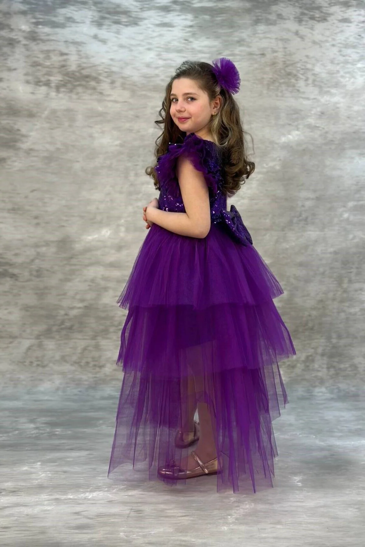 Pullu Katkat Kuyruklu Mor Renk Tarz Çocuk Abiye