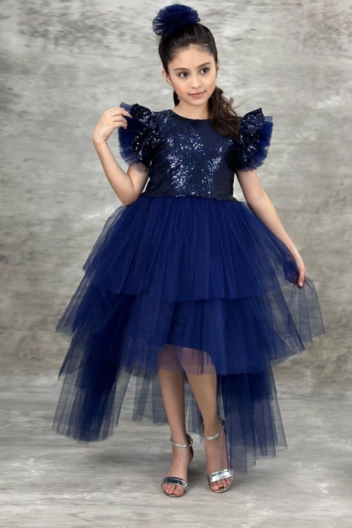 Abiye Kids Pullu Katkat Kuyruklu Lacivert Tarz Çocuk Abiye Elbise