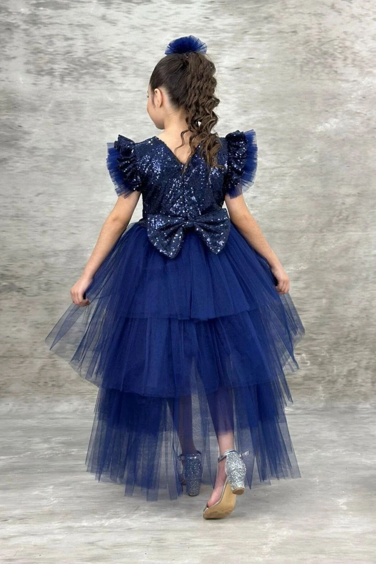 Abiye Kids Pullu Katkat Kuyruklu Lacivert Tarz Çocuk Abiye Elbise