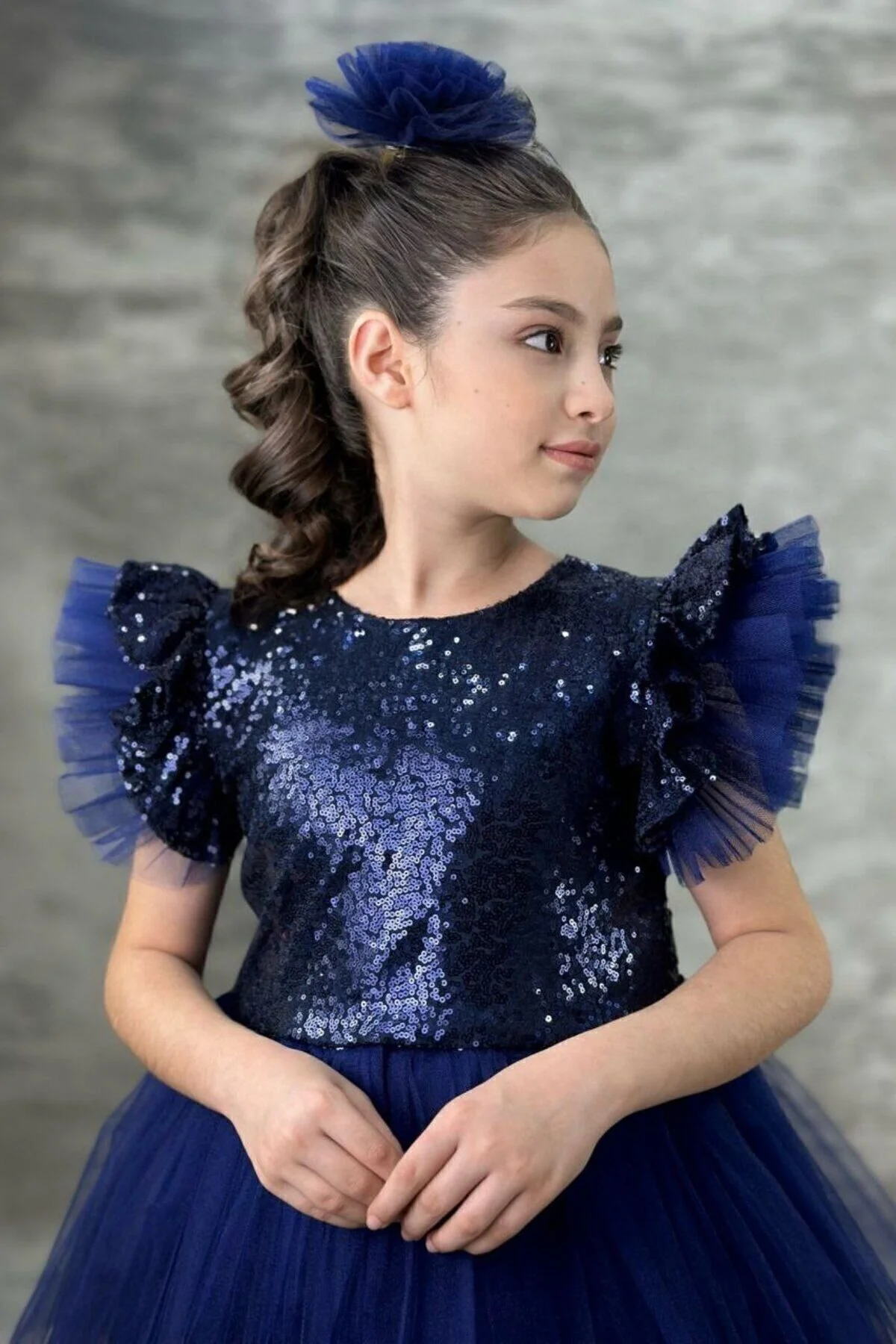 Abiye Kids Pullu Katkat Kuyruklu Lacivert Tarz Çocuk Abiye Elbise