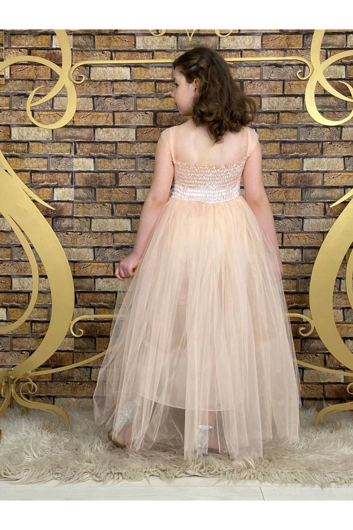 Somon Beli Pul Detaylı Tam Boy Çocuk Abiye Gösteri ve Parti Elbisesi