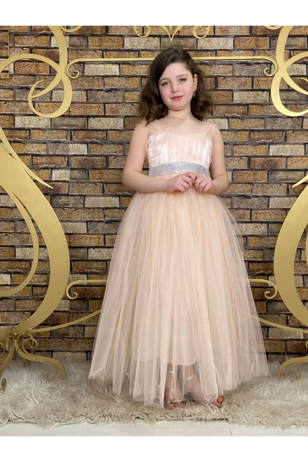 Somon Beli Pul Detaylı Tam Boy Çocuk Abiye Gösteri ve Parti Elbisesi