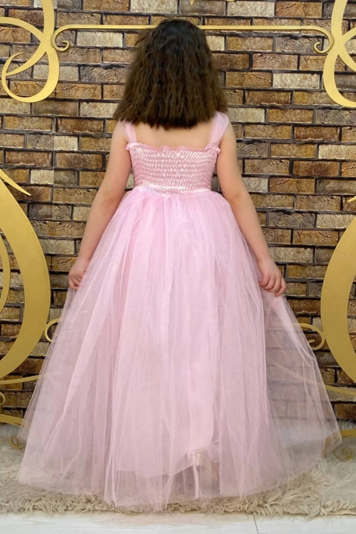 Tozpembe Beli Pul Detaylı Tam Boy Çocuk Abiye Gösteri ve Parti Elbisesi