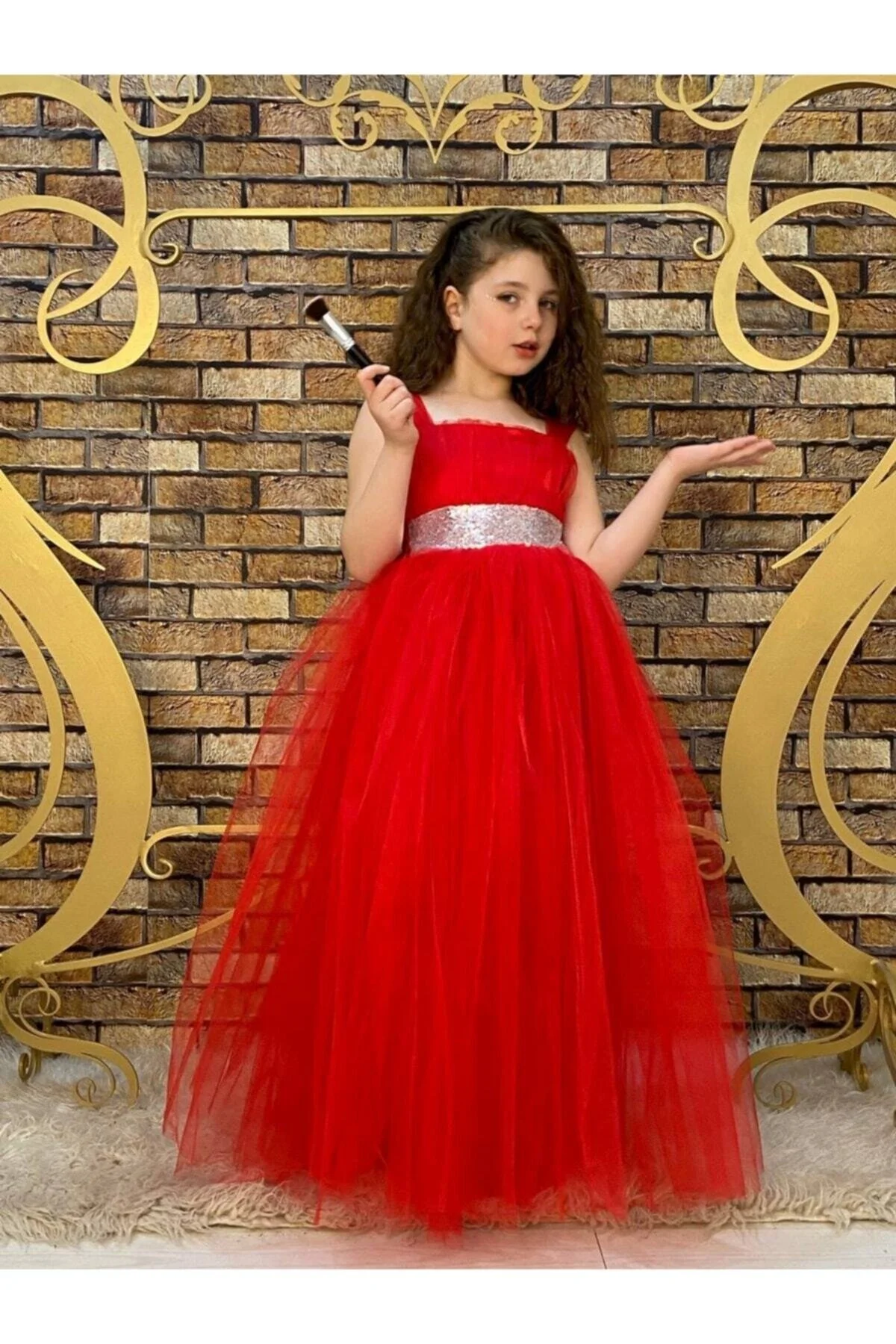 Kırmızı Beli Pul Detaylı Tam Boy Çocuk Abiye Gösteri ve Parti Elbisesi
