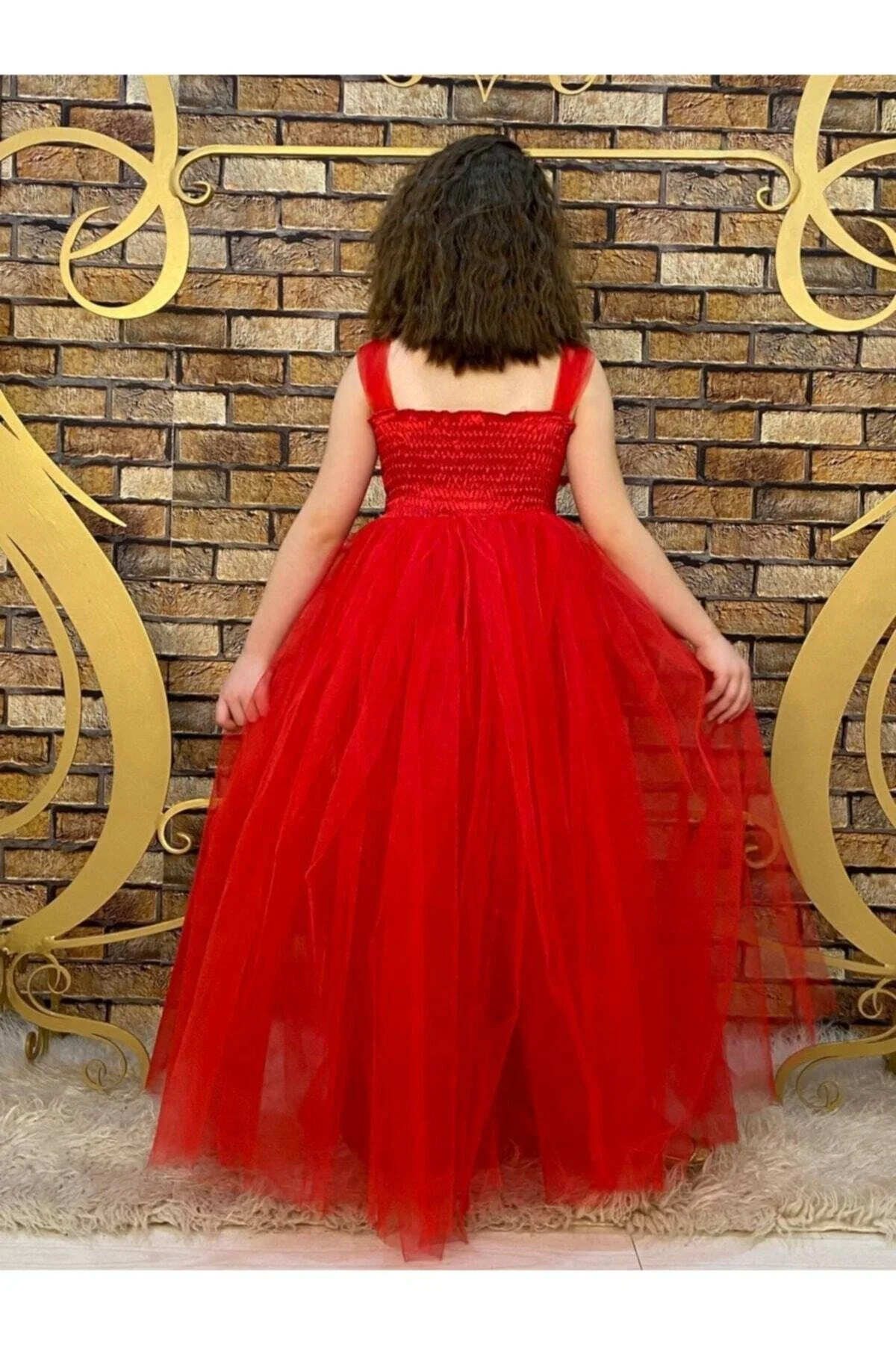 Kırmızı Beli Pul Detaylı Tam Boy Çocuk Abiye Gösteri ve Parti Elbisesi