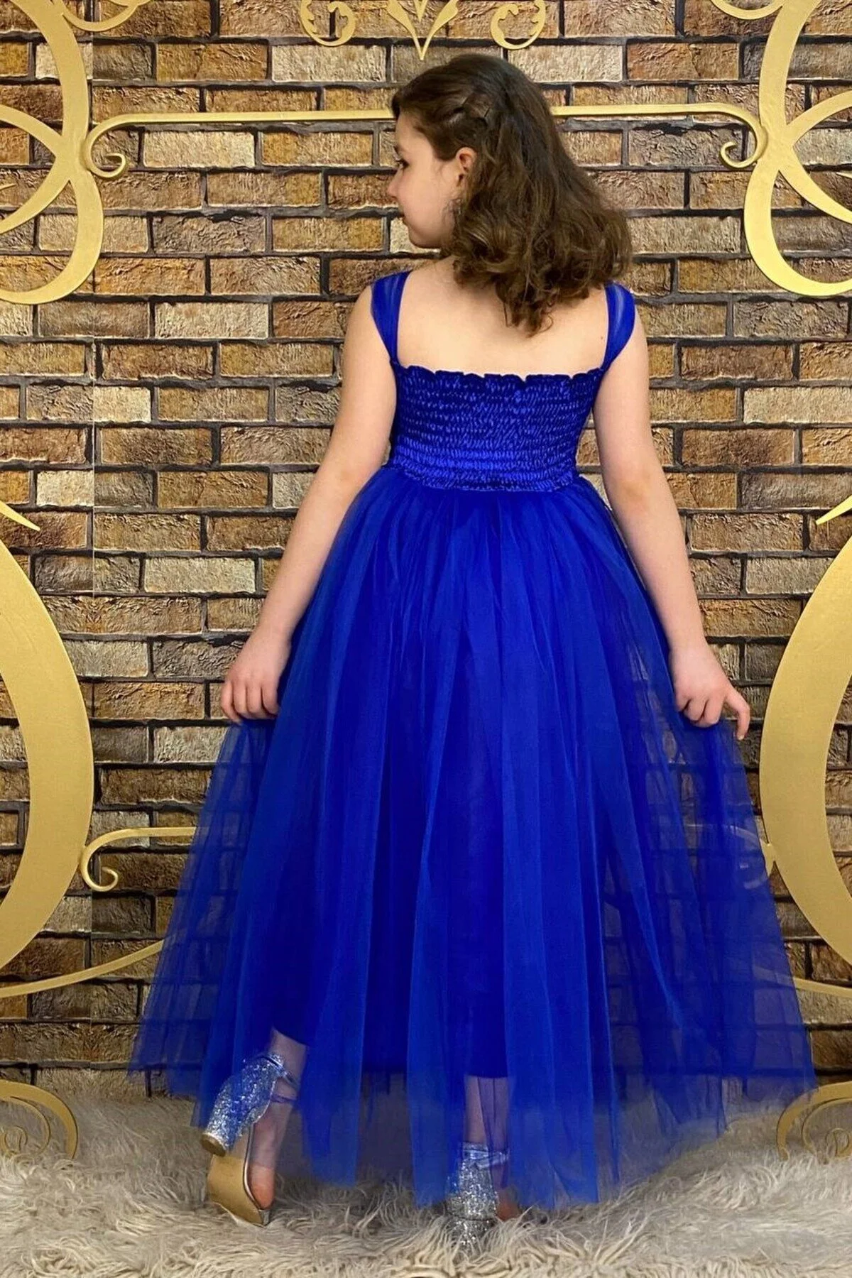 Saksmavisi Beli Pul Detaylı Tam Boy Çocuk Abiye Gösteri ve Parti Elbisesi