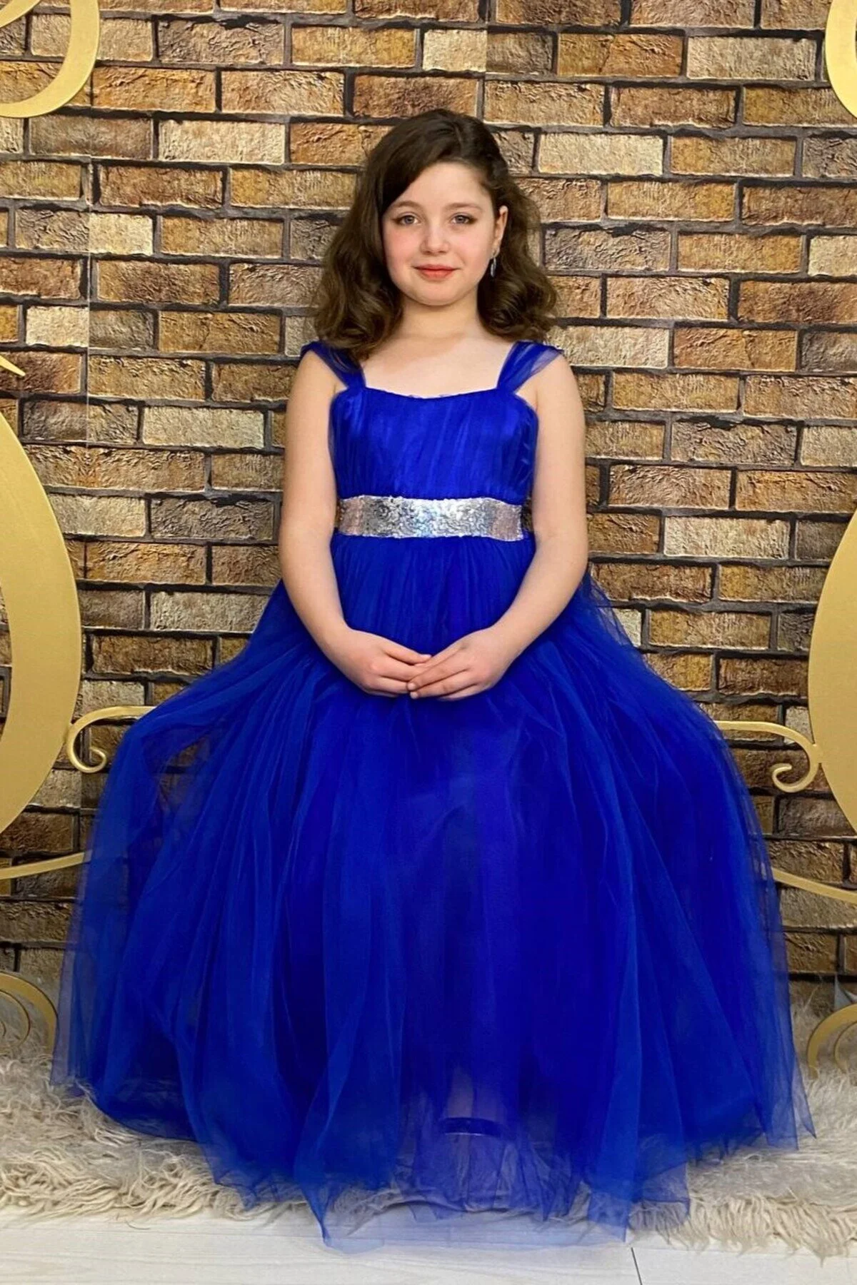 Saksmavisi Beli Pul Detaylı Tam Boy Çocuk Abiye Gösteri ve Parti Elbisesi