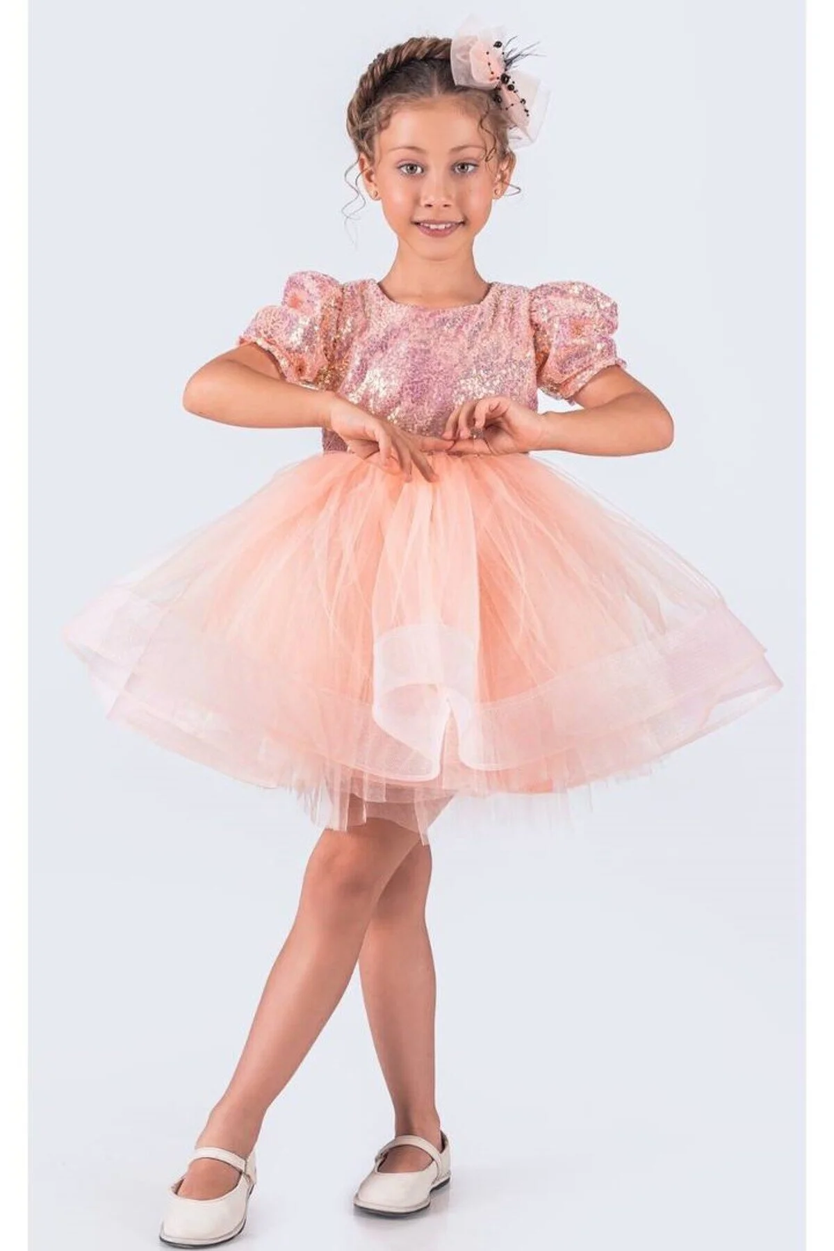 Pudra Payetli Kısa Kollu Balo Gösteri Kıyafeti 23 Nisan Çocuk Abiyesi