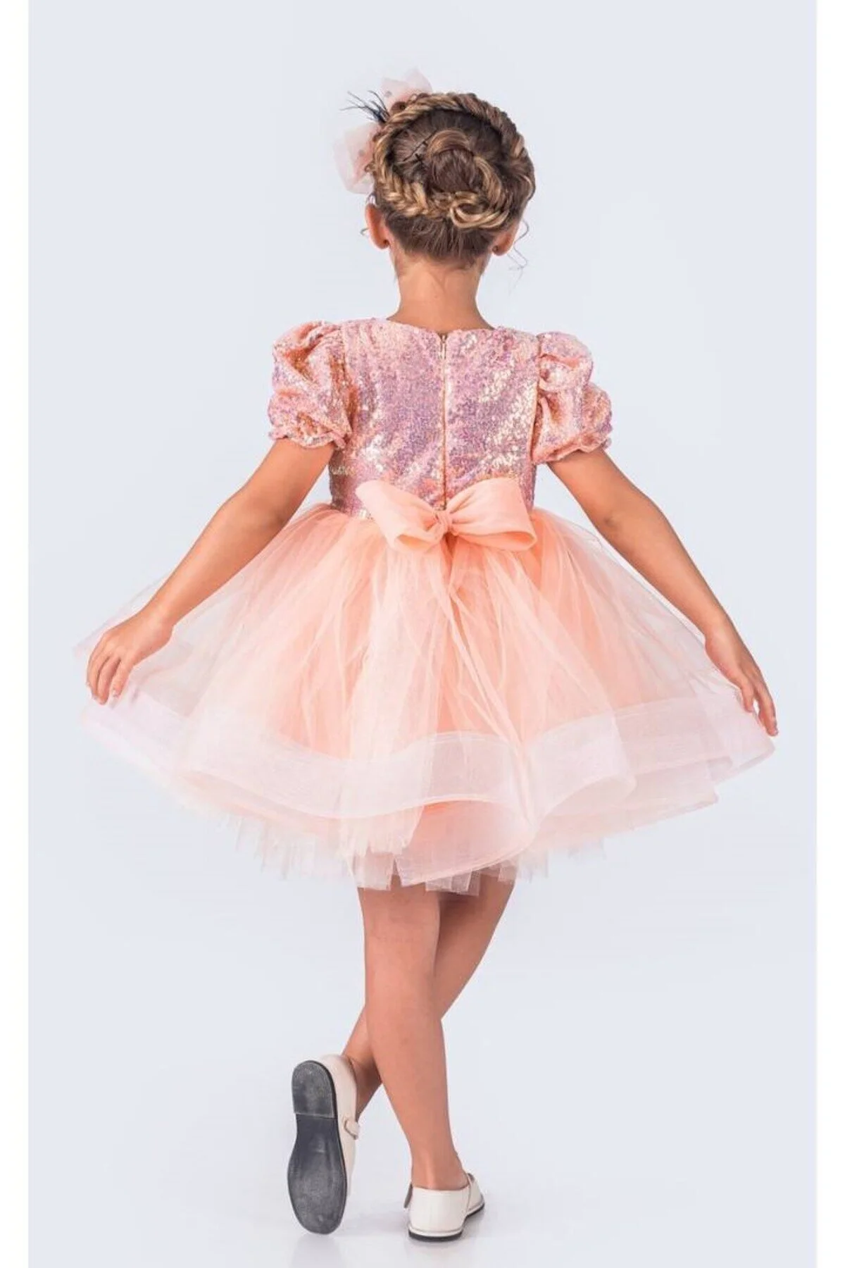 Pudra Payetli Kısa Kollu Balo Gösteri Kıyafeti 23 Nisan Çocuk Abiyesi