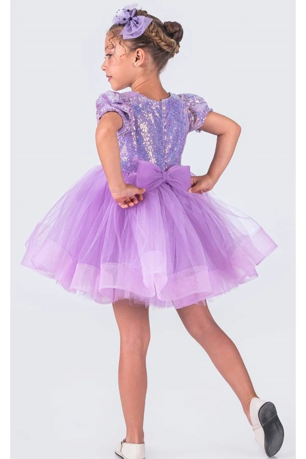 Lila Payetli Kısa Kollu Balo Gösteri Kıyafeti 23 Nisan Çocuk Abiyesi