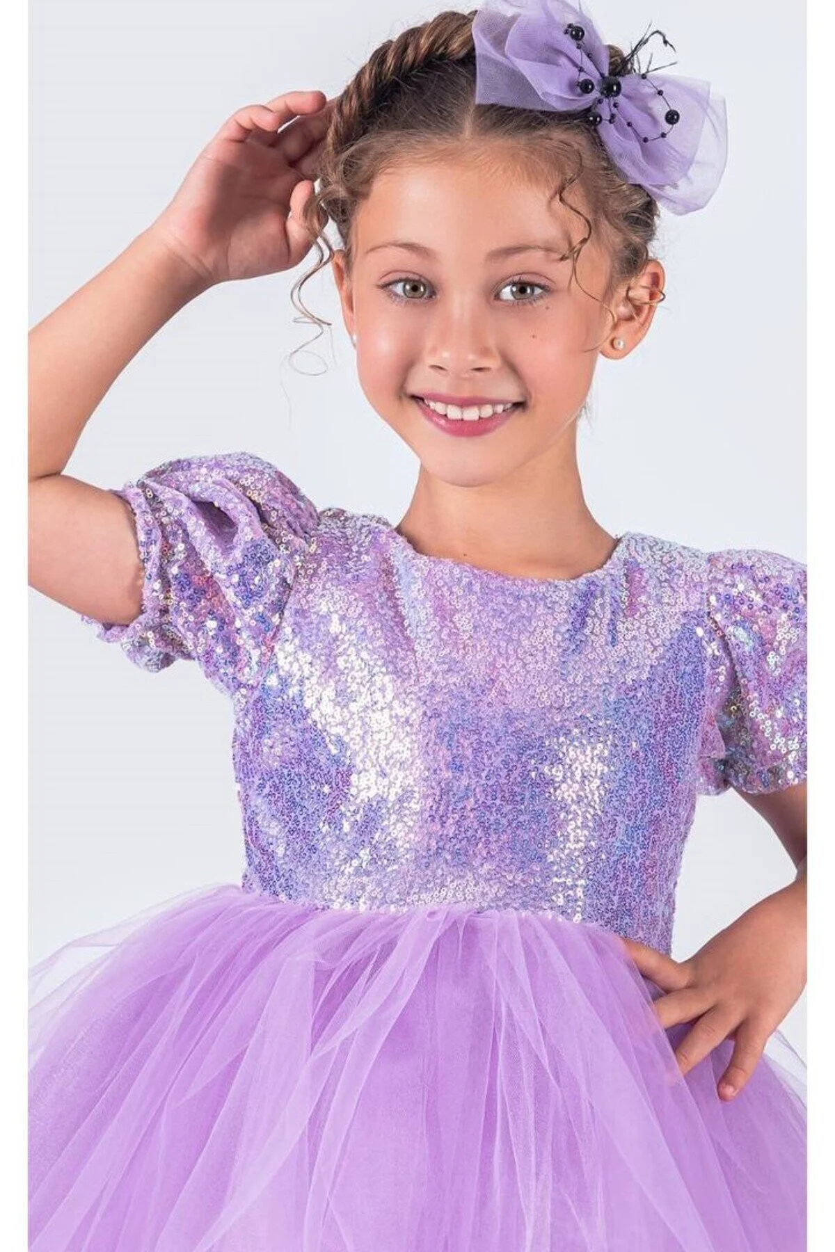 Lila Payetli Kısa Kollu Balo Gösteri Kıyafeti 23 Nisan Çocuk Abiyesi