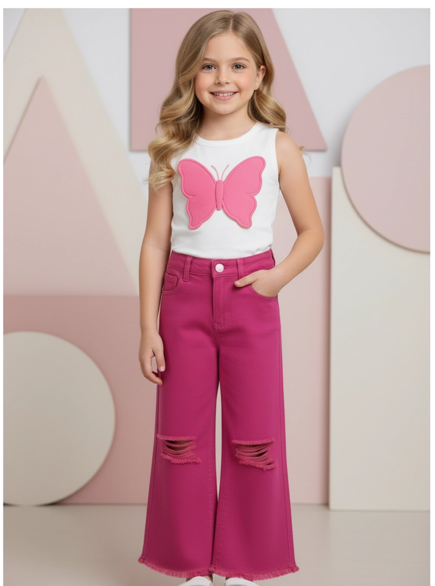 Kız Çocuk Pembe Renk Kelebek Aplikeli Askılı Bluz ve İspanyol Paça Pantolon Takımı
