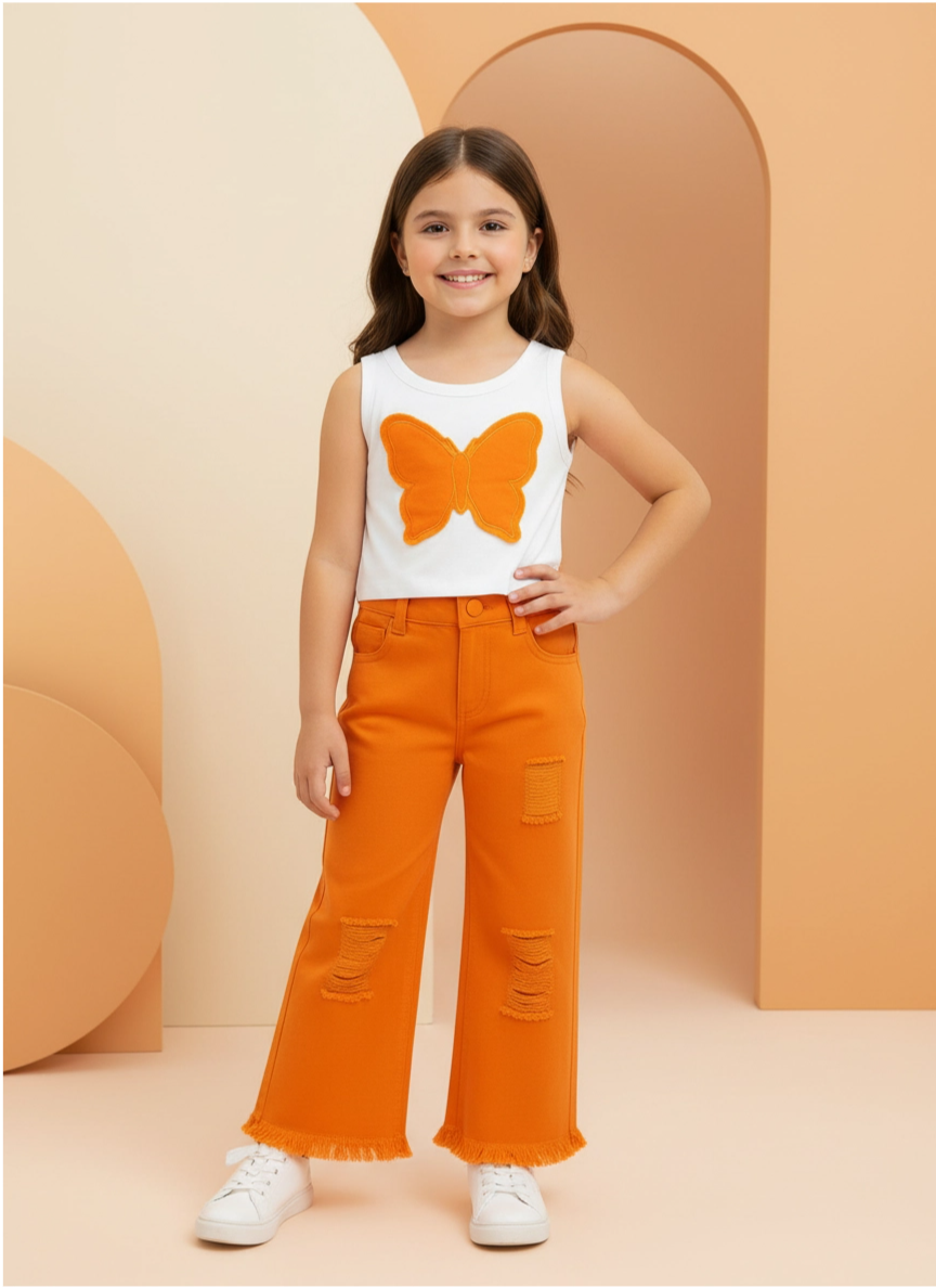 Kız Çocuk Turuncu Renk Kelebek Aplikeli Askılı Bluz ve İspanyol Paça Pantolon Takımı