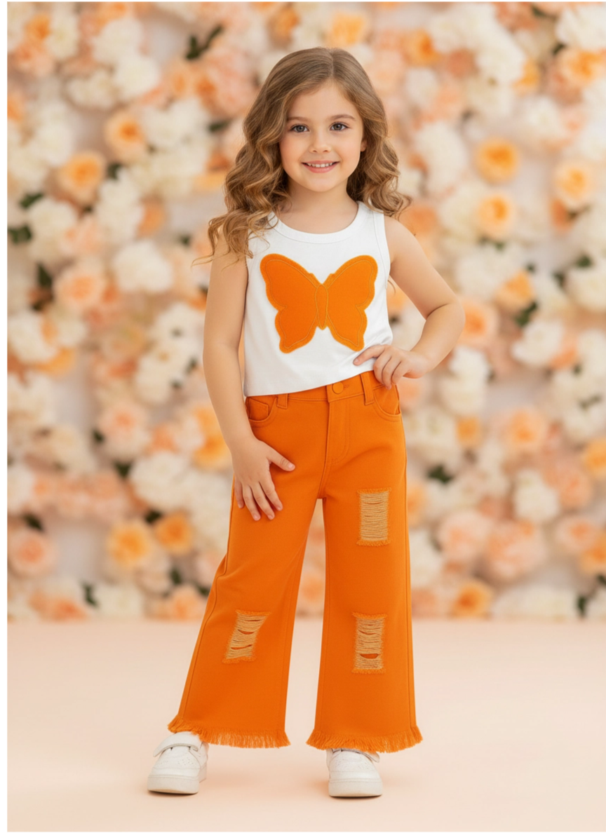 Kız Çocuk Turuncu Renk Kelebek Aplikeli Askılı Bluz ve İspanyol Paça Pantolon Takımı